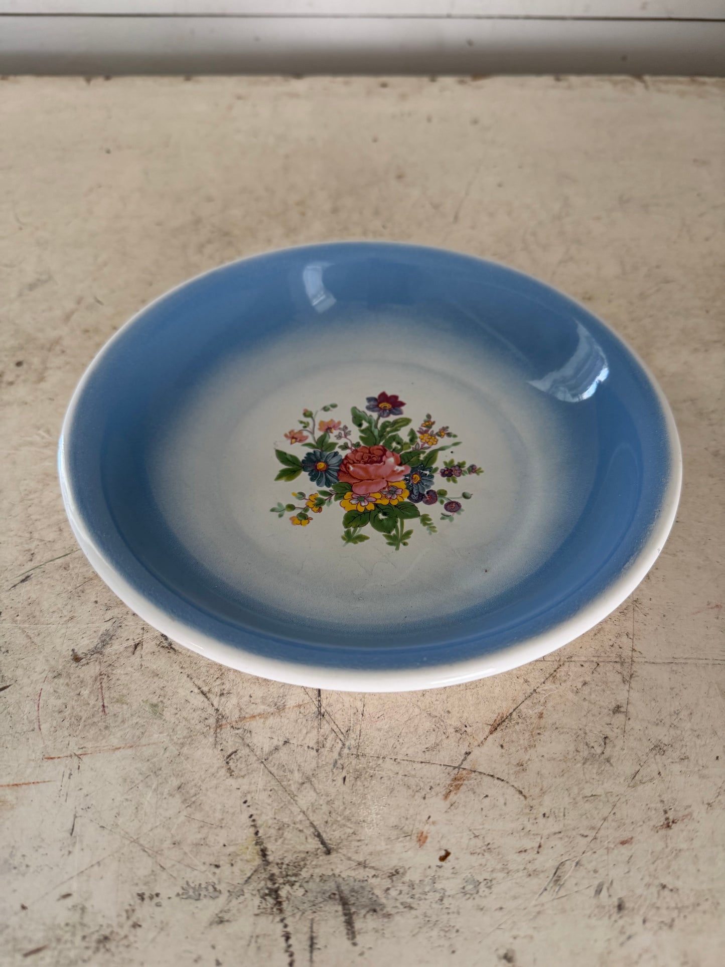Vintage Blue and Floral Enamelware shallow Bowl