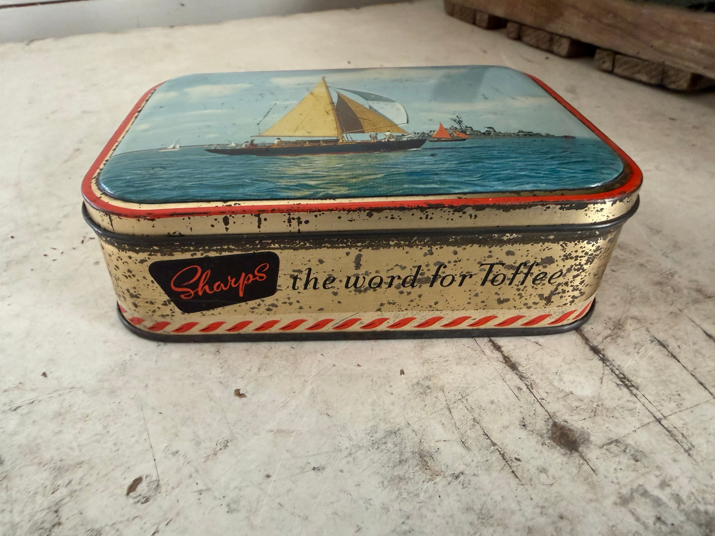 Vintage Blue Bird Toffee Tin Box Empty England 1950s Coastal Harbor Scene Advert
