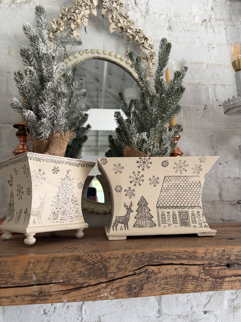 Set of Hand Stamped & Painted Gingerbread Lane Planters - Greenery not included
