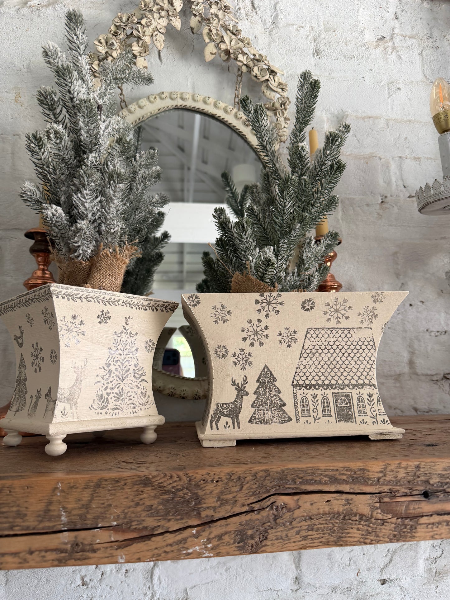 Set of Hand Stamped & Painted Gingerbread Lane Planters - Greenery not included