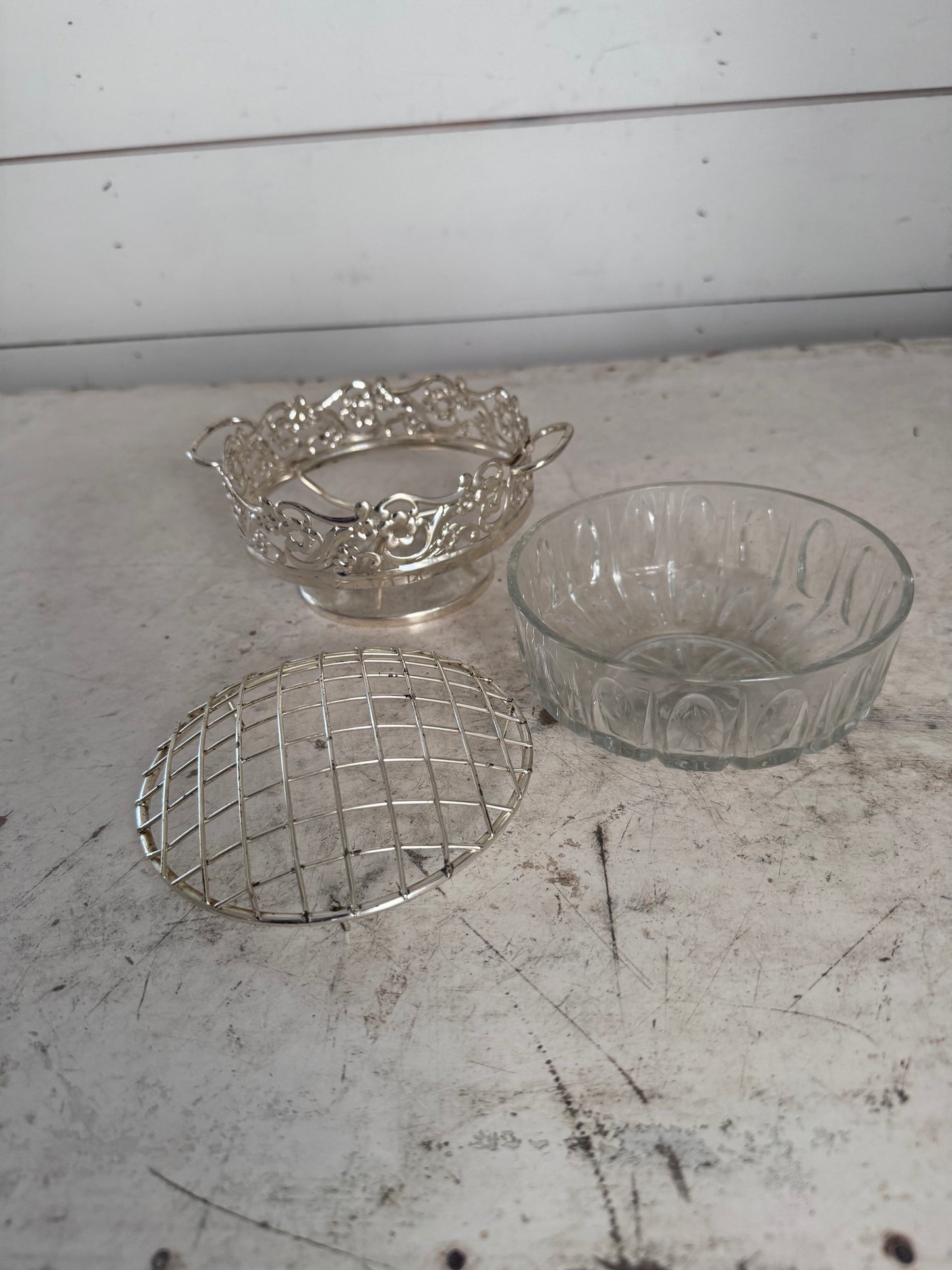 Vintage silver dish with glass bowl and flower frog