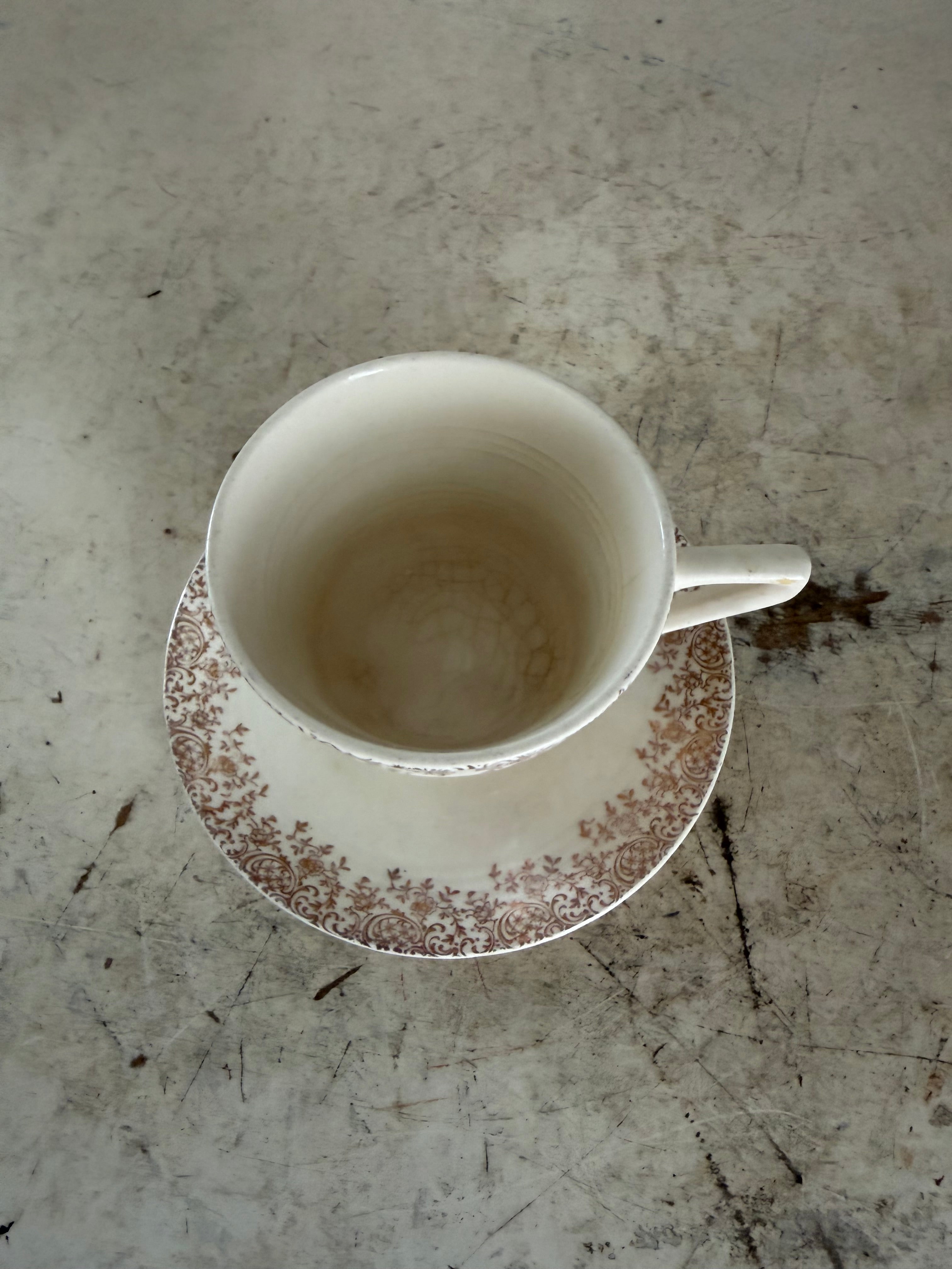 Vintage porcelain teacup and saucer with gold filigree