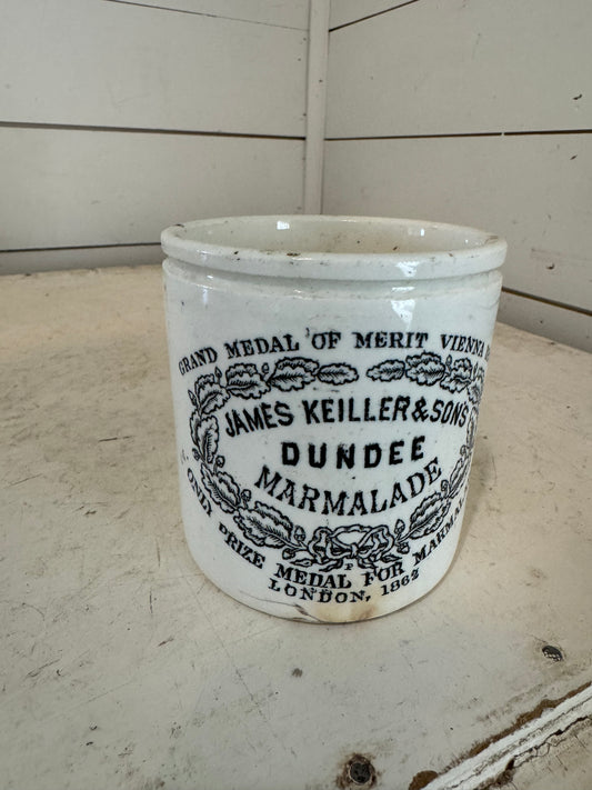 Wide Antique Dundee Marmalade jam jar, pot by James Keiller & Sons, crock, ironstone,