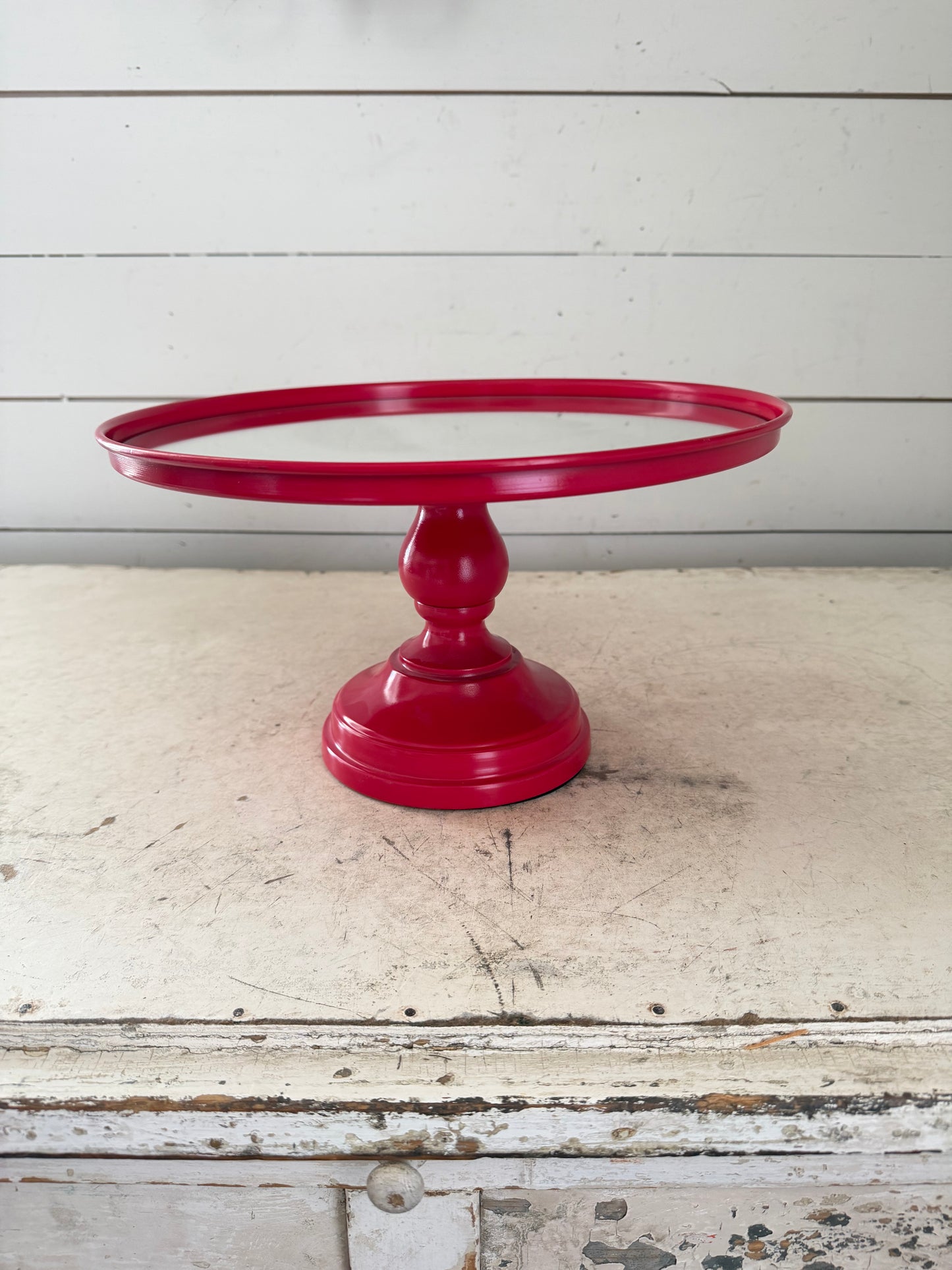 Red Metal Cake Stand with Mirrored Plate