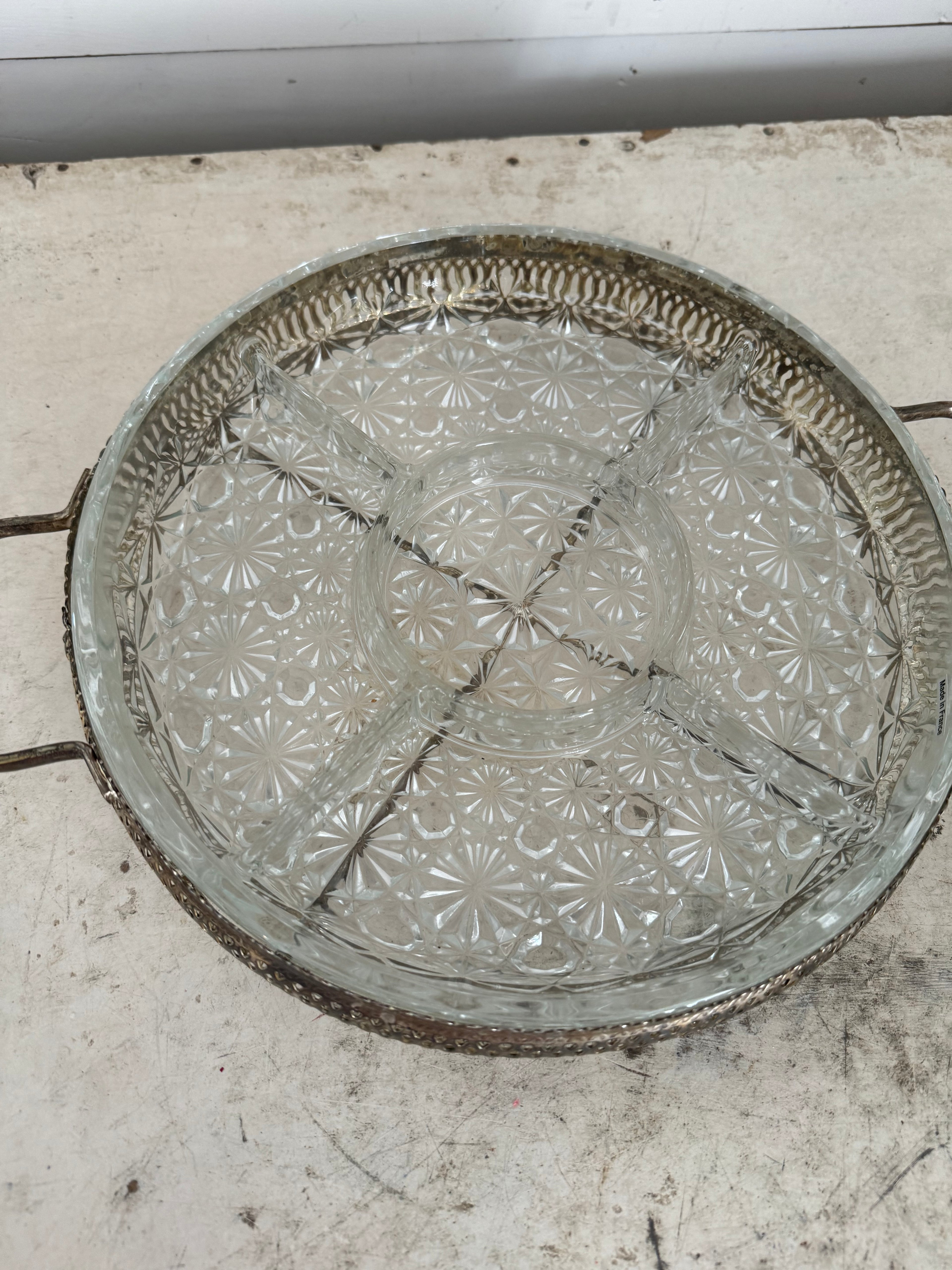A Silver Plate Hors D'Oeurves Tray with handles and Cut Glass Inserts -made in France