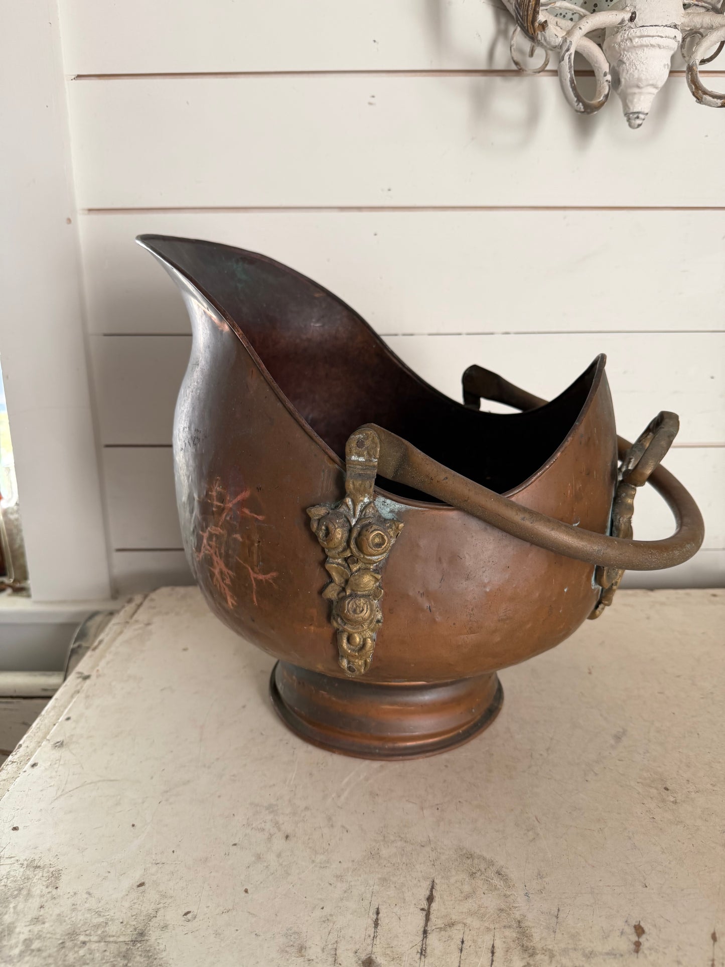 Victoria Copper Coal Skuttle with cast brass floral detail