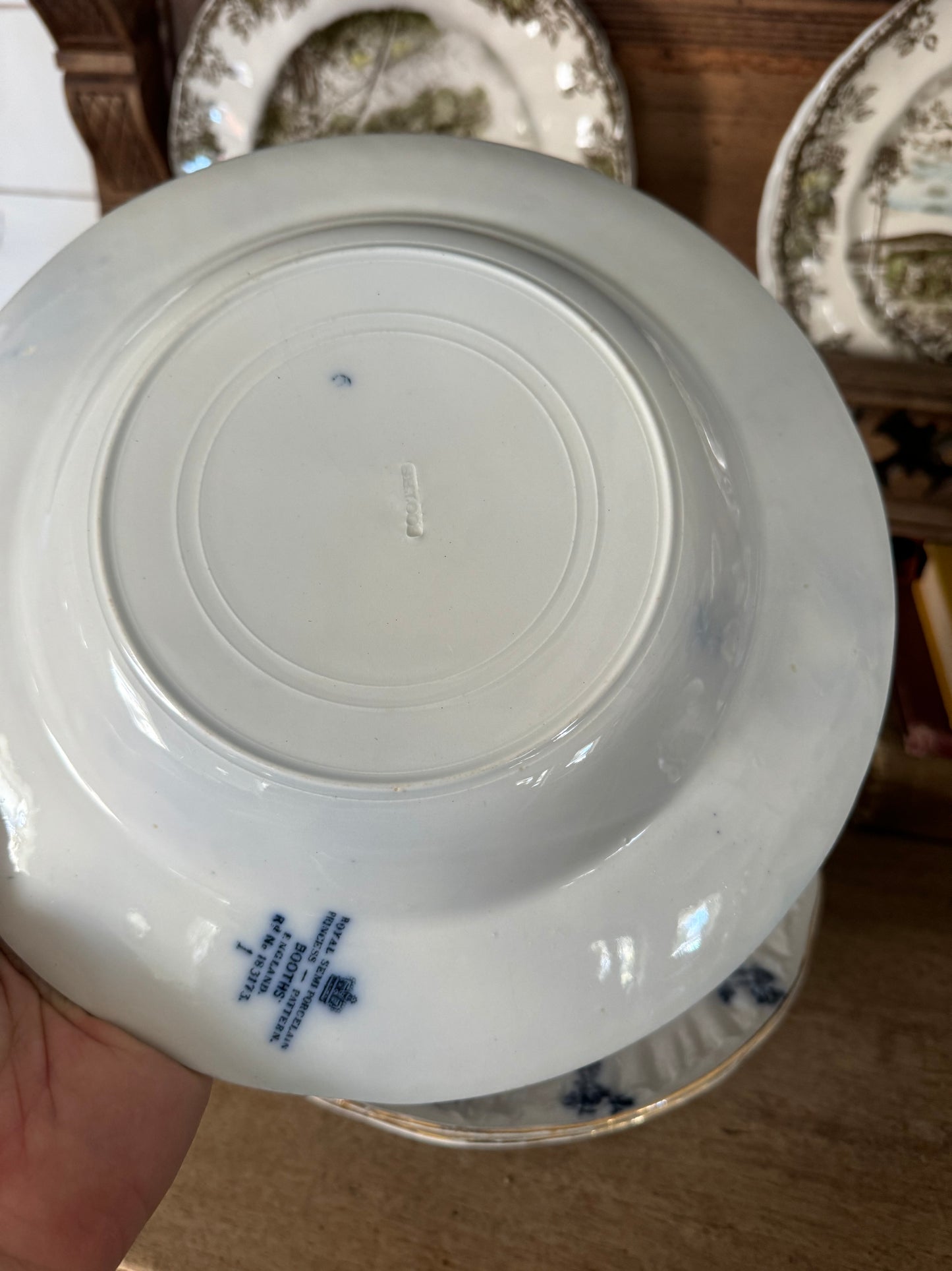 Ironstone Booth’s of England Royal Semi-Porcelain Princess Pattern 10-inch luncheon bowl Antique. Blue floral transfer ware on white