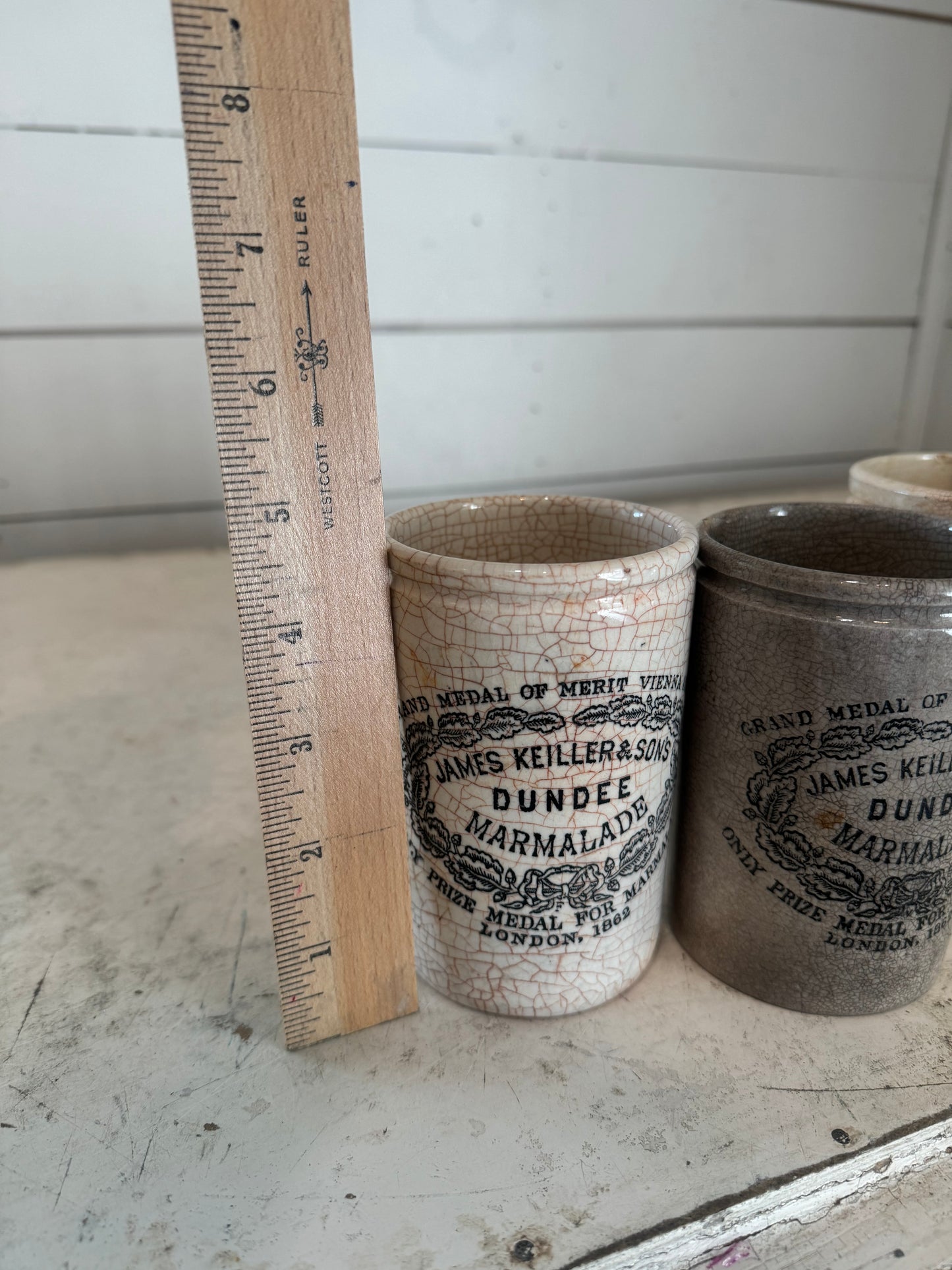 Antique Dundee Marmalade jam jar, with crazing, pot by James Keiller & Sons, crock, ironstone - sold individually