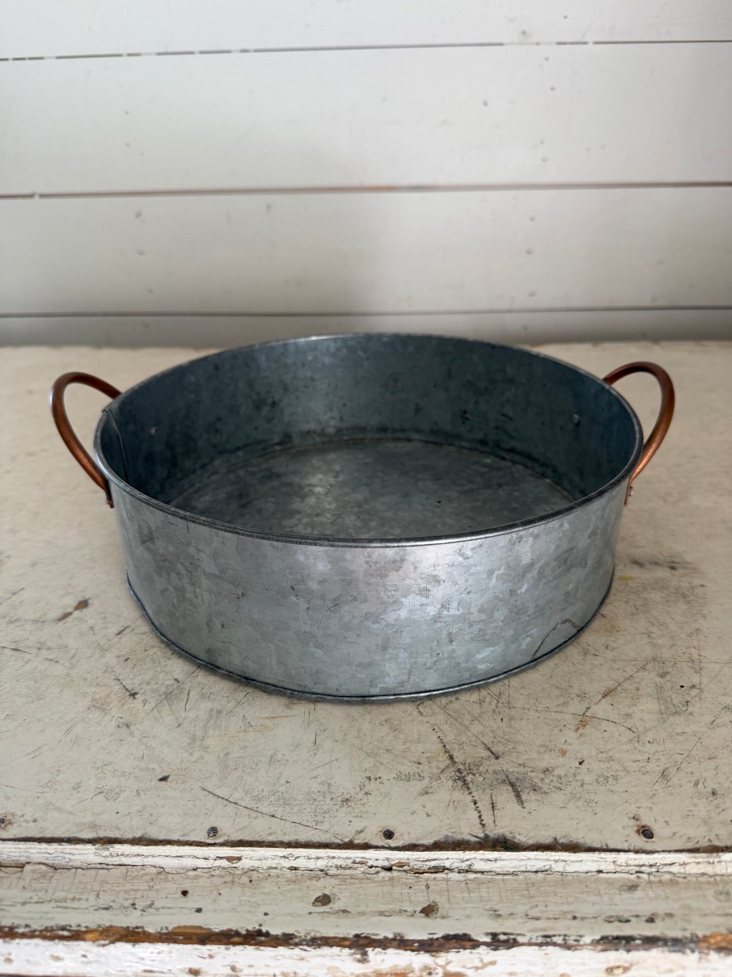 Round Galvanized Tray with Deep Sides and Copper Handles - Will Get Makeover