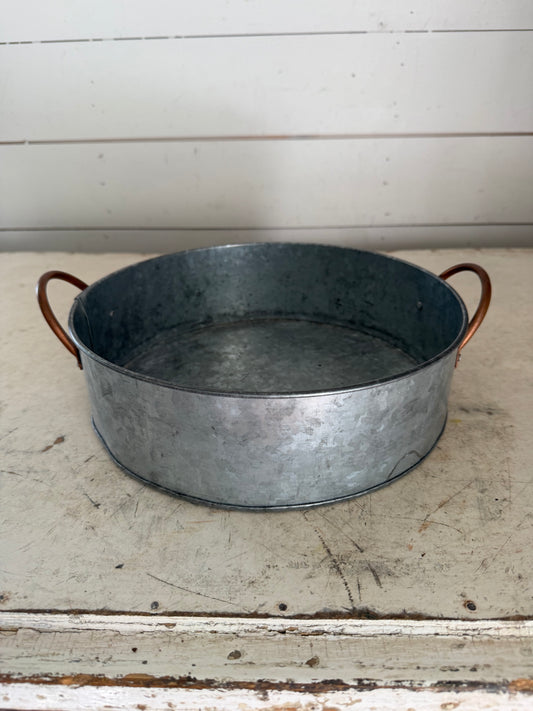 Round Galvanized Tray with Deep Sides and Copper Handles - Will Get Makeover
