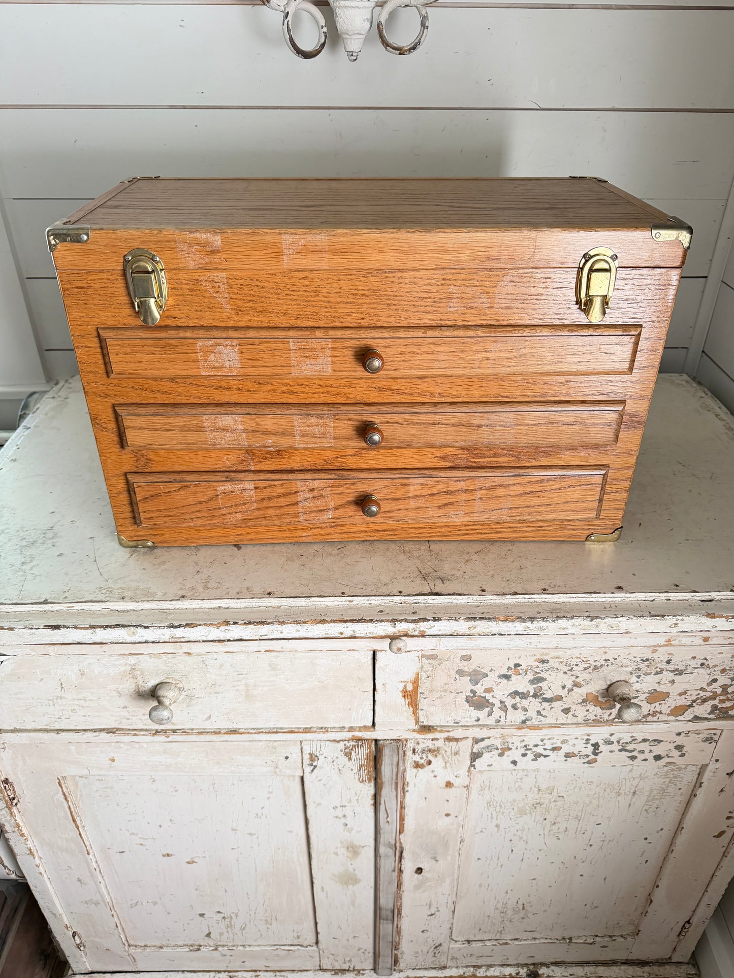Wooden Oak Sewing Notions Chest - Will Get Makeover - drawers are empty