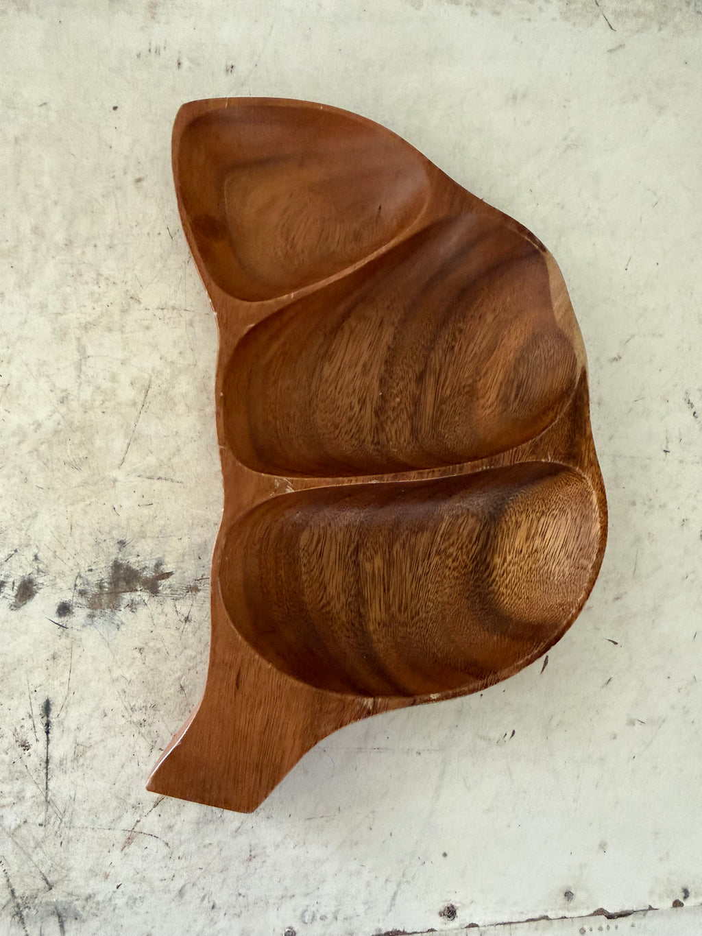 Vtg MCM Monkey Pod Wood Leaf Serving Tray Divided Dish Bowl
