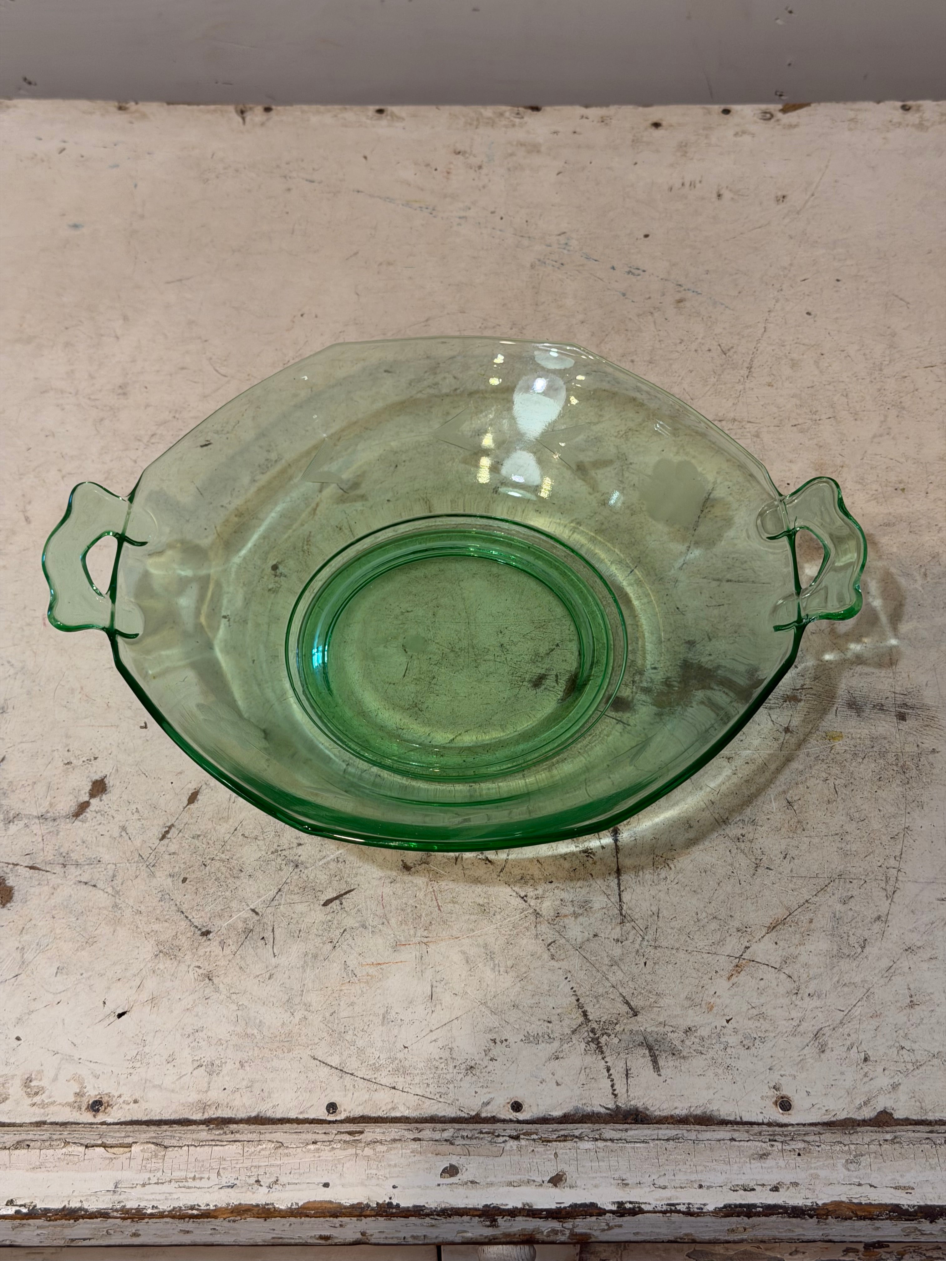 Antique Uranium Green Glass With etching and Handles