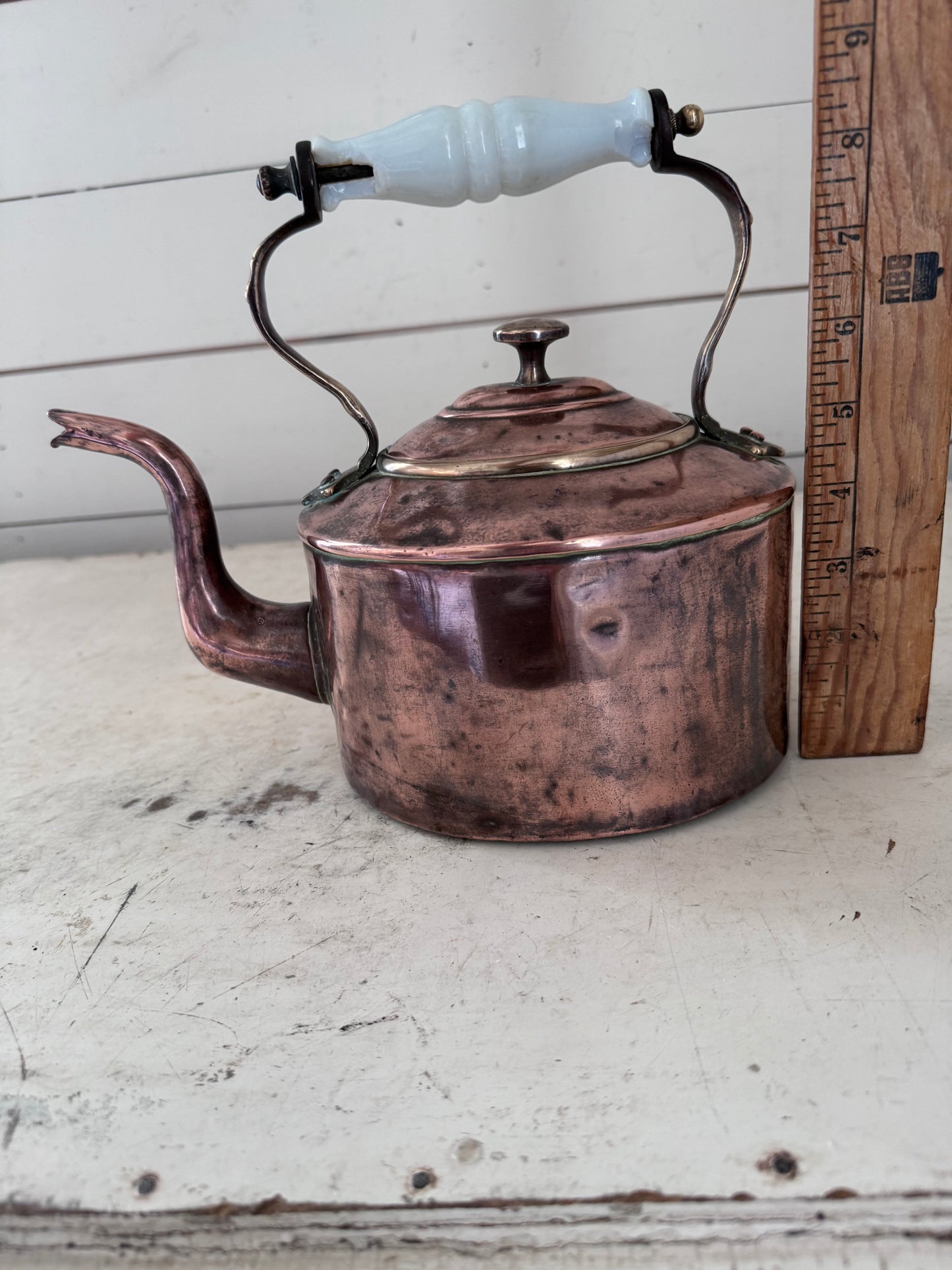 Antique Copper Kettle With Milk Glass Handle (Handle has some chips and cracks)