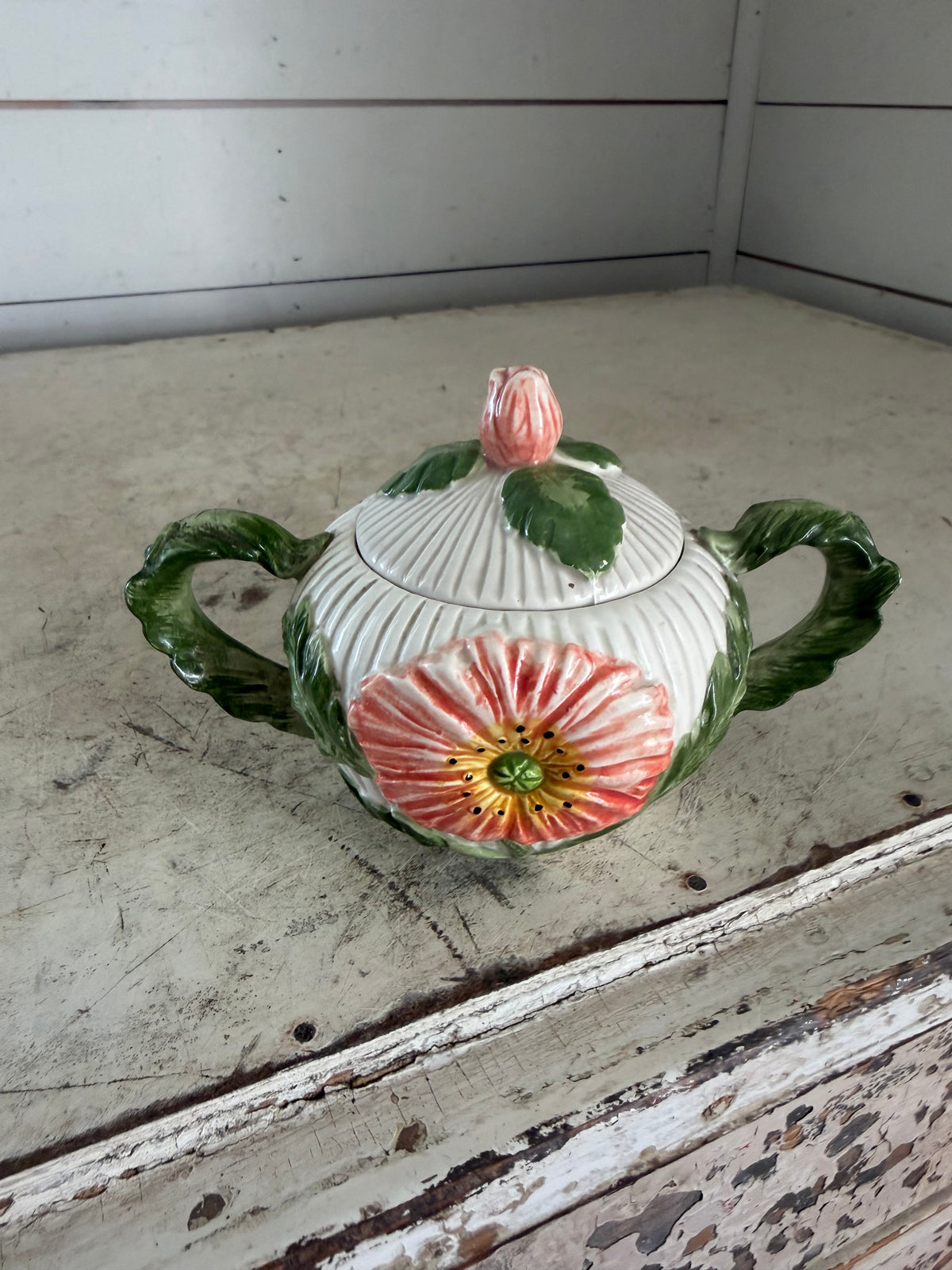 Vintage Fitz & Floyd Ceramic Sugar Bowl with Lid, Pink Floral Design