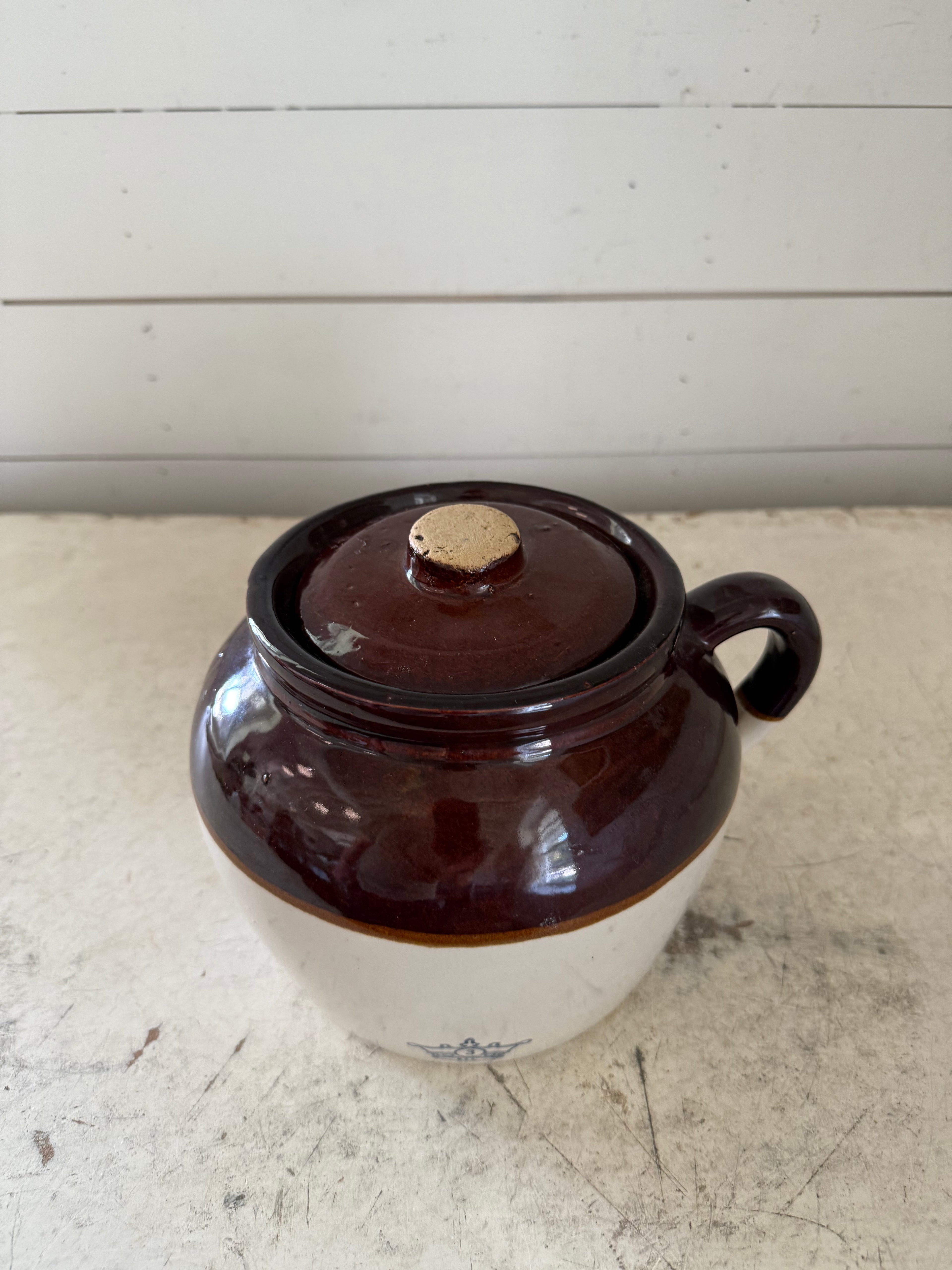 Vintage Number Three Bean Crock has small chip in lid