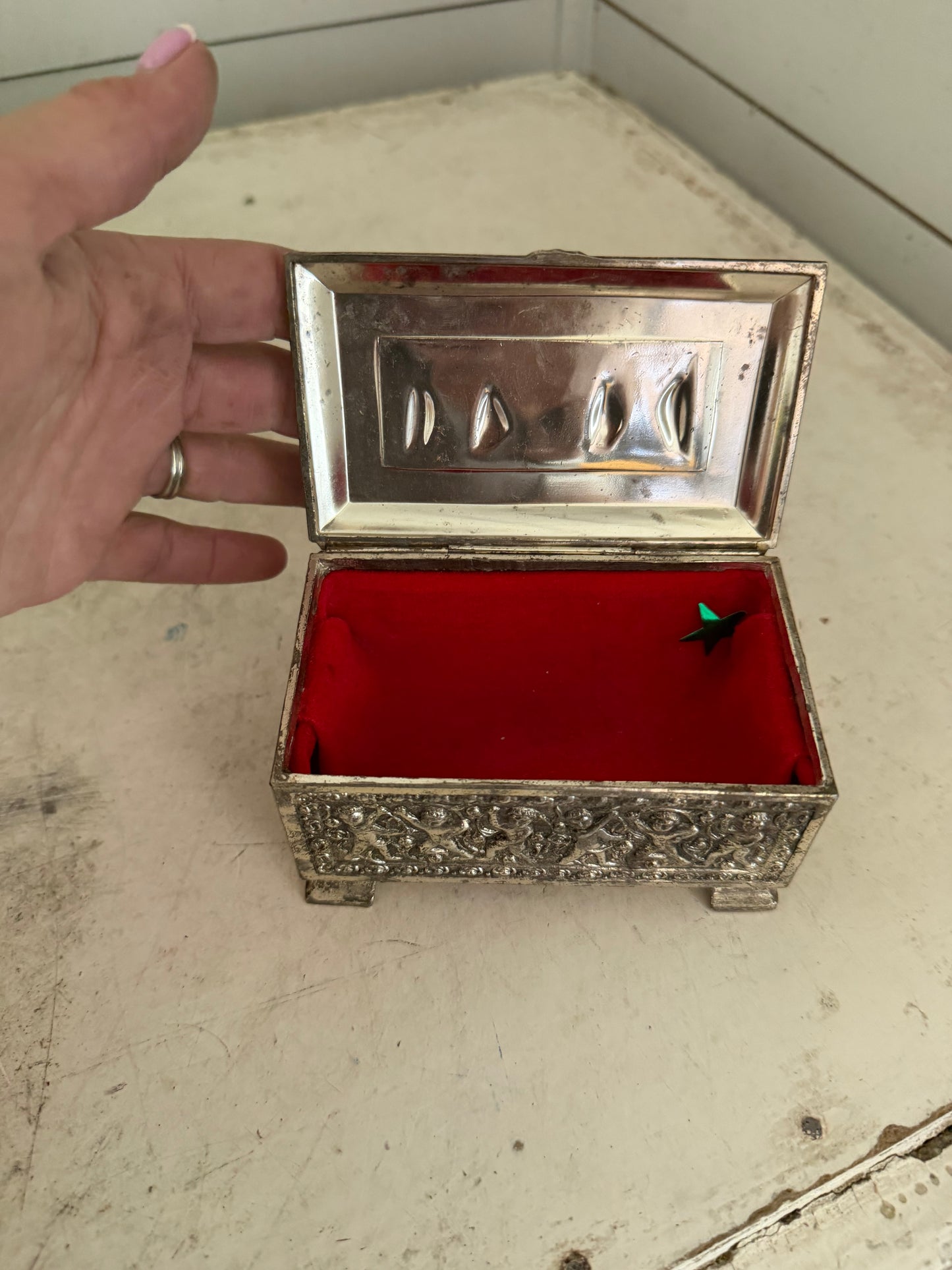 Vintage Silver-Tone Trinket Box with Dancing Figures | Jewelry Box as is see photos