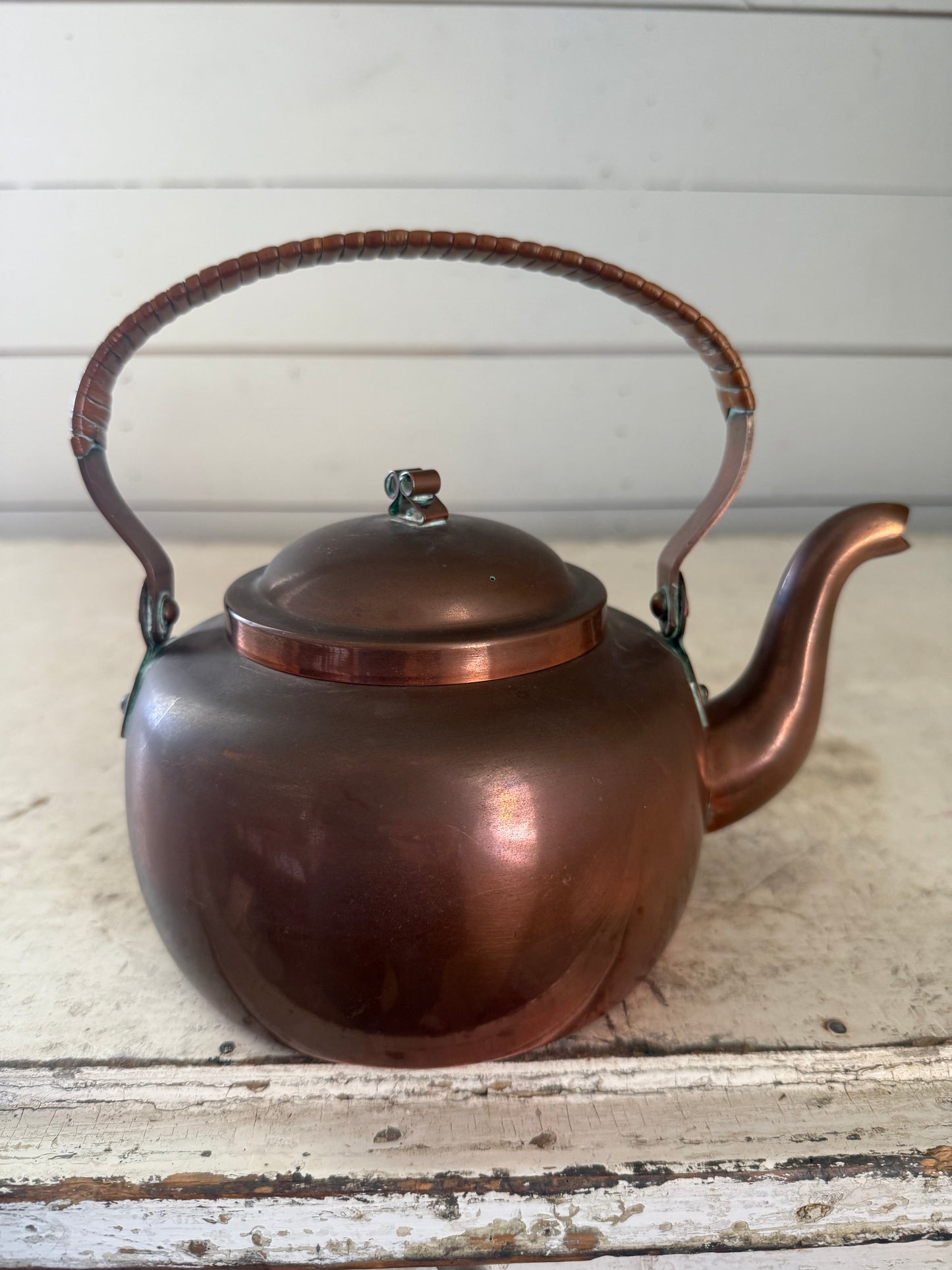 Antique Copper Tea Kettle With Rattan Handle, Made in Norway
