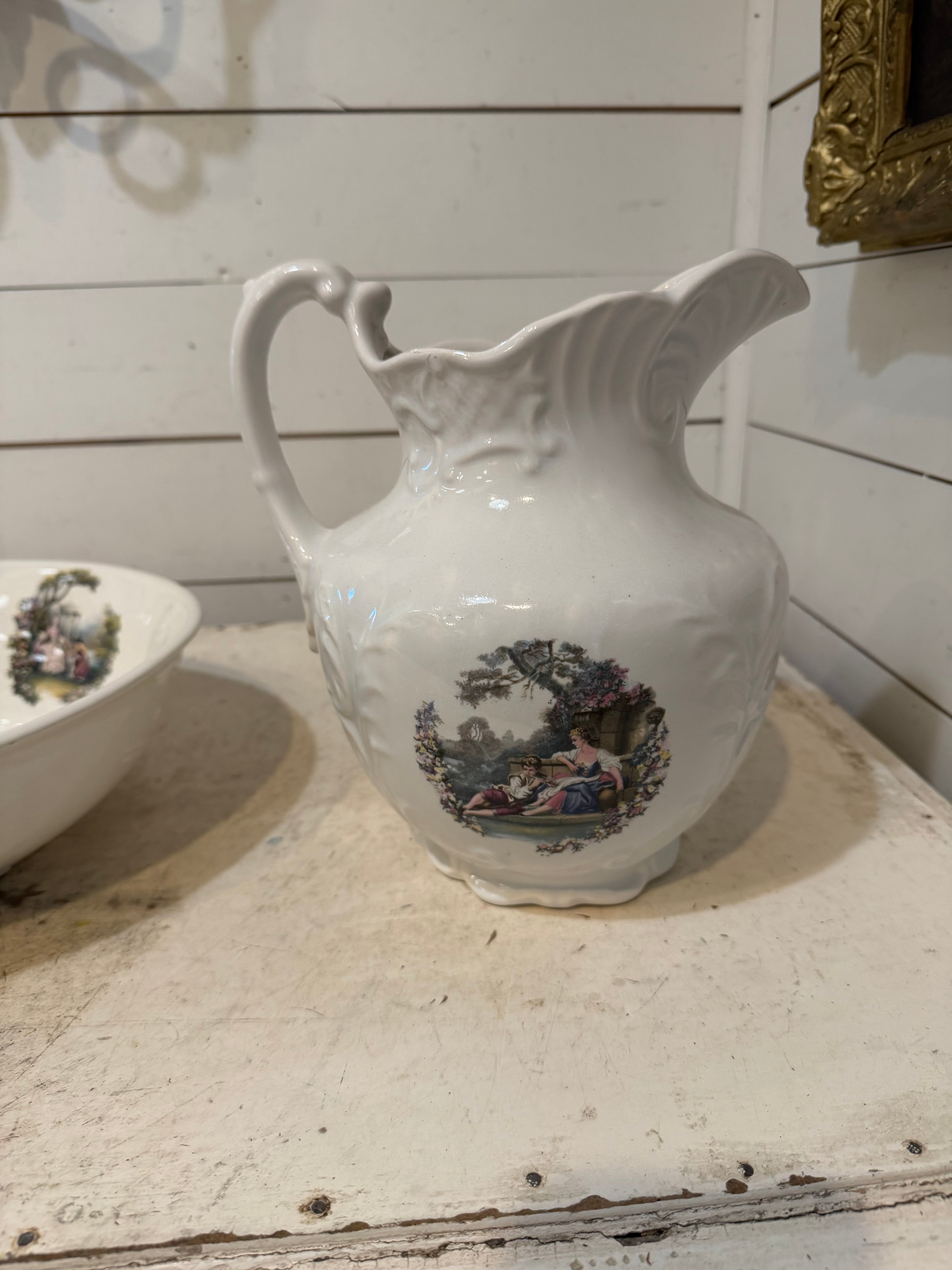 Vintage Porcelain Wash Basin With Victorian Scenes