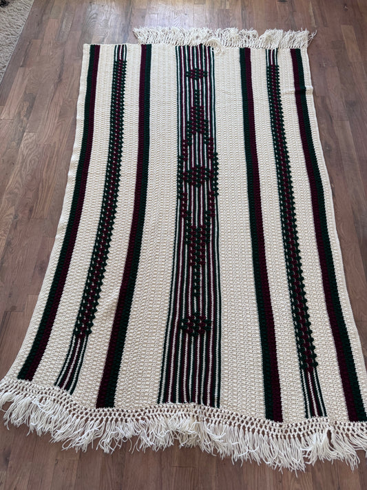 Forest Green, Red and Cream Afghan with Fringe - Missing some Fringe on One side