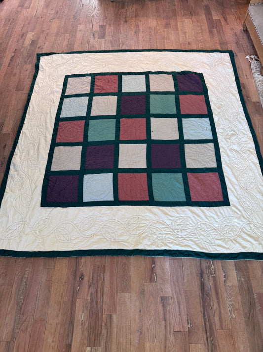 Hand Made Square Block With Leaves Queen Quilt - has stain