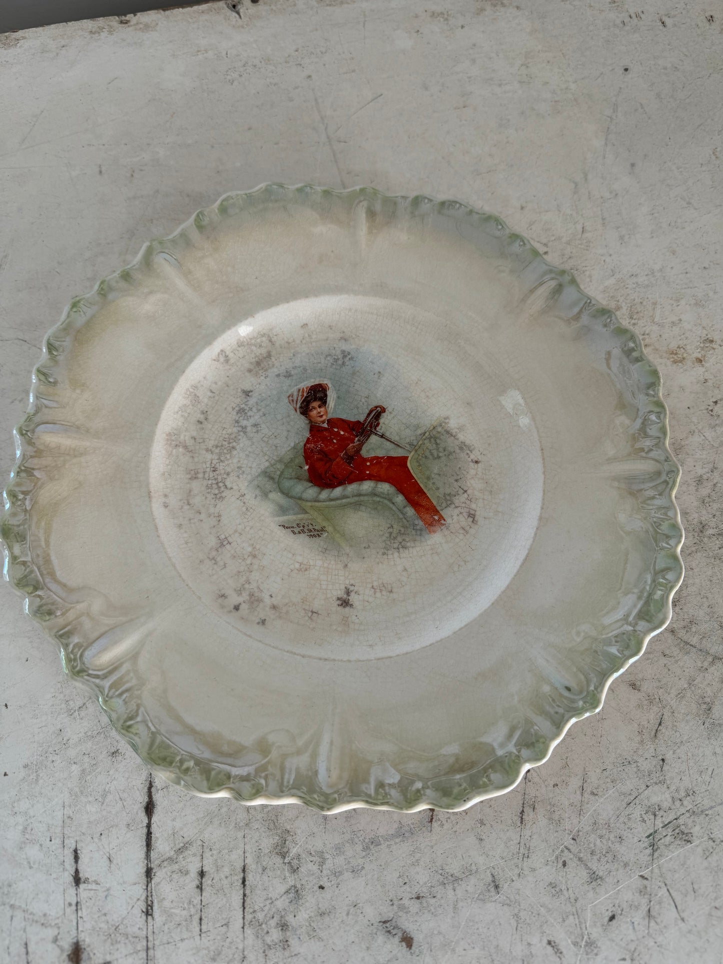 Antique Scalloped Edge Plate with Victorian woman on it