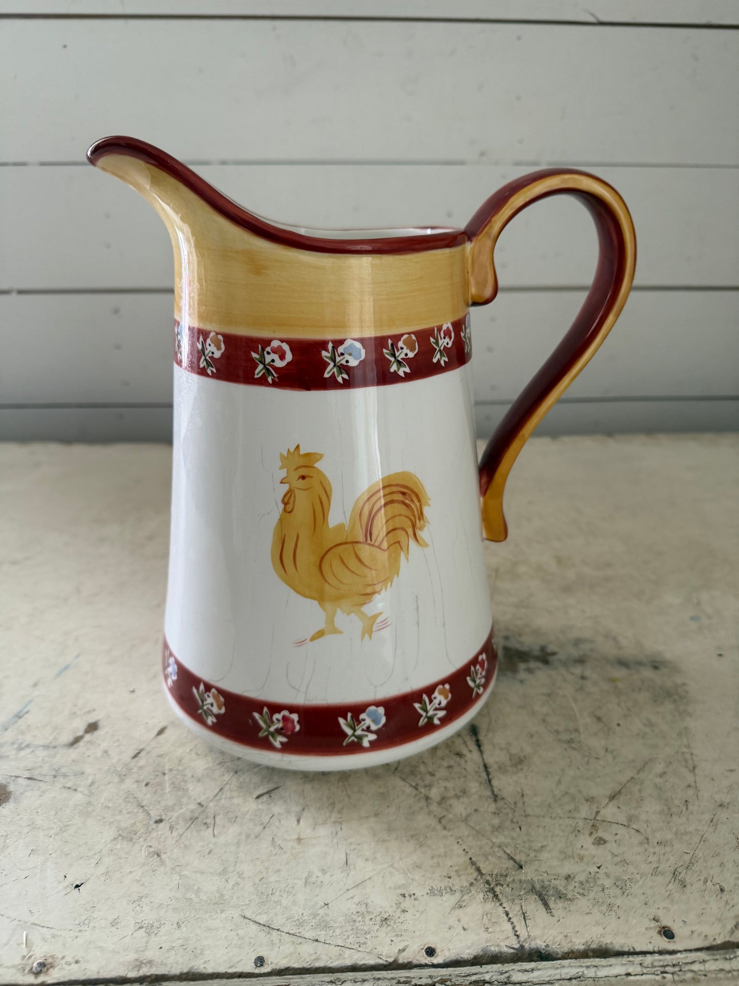 Waverly Coq-a-Doodle Do hand-painted ceramic pitcher has crack