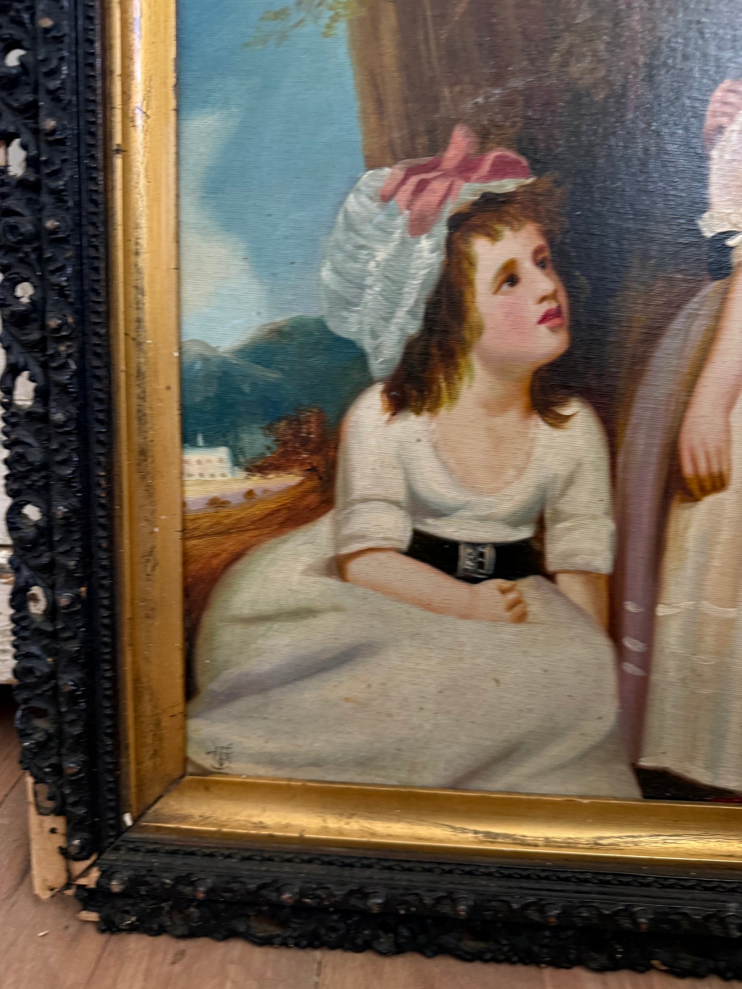 Original oil painting in the style of The Beckford Children by George Romney in Antique Frame