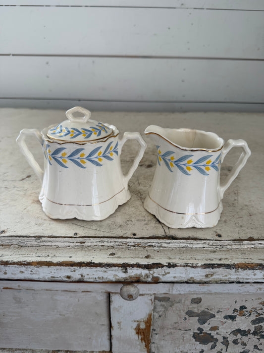 Vintage Set George Radisson Sugar Bowl w/Lid & CREAMER Yellow Tulips W/Blue leaves has cracks that have been glued