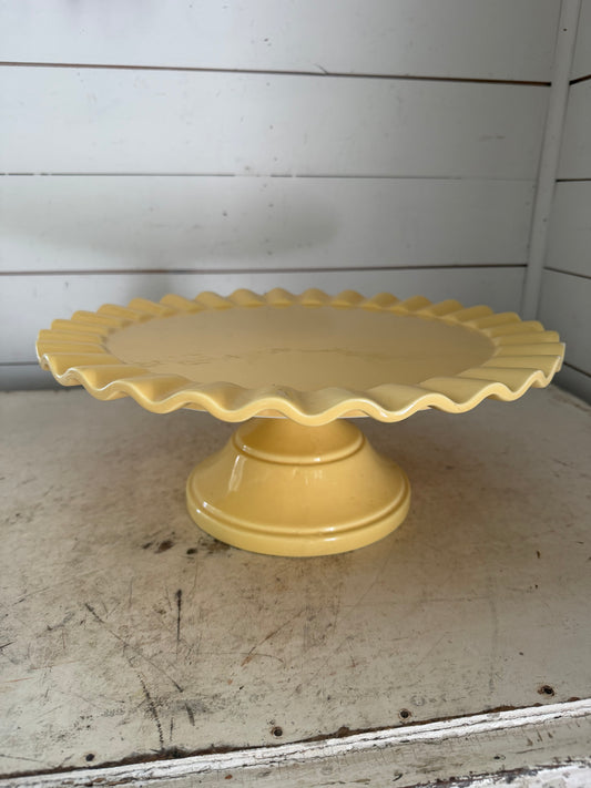 Ceramic yellow ruffle edged cake plate small flea bite chips