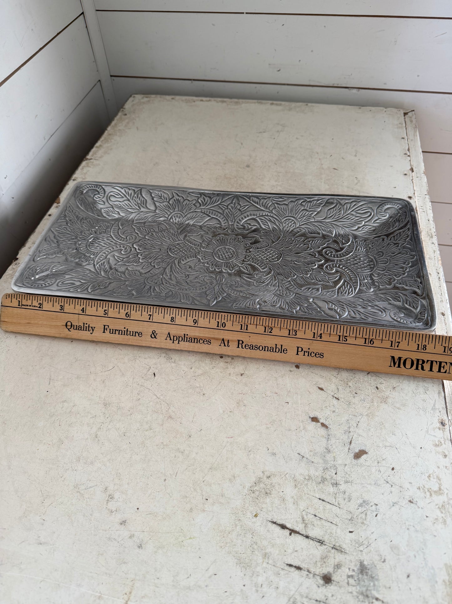 Metal Serving Tray With Embossed Floral Design