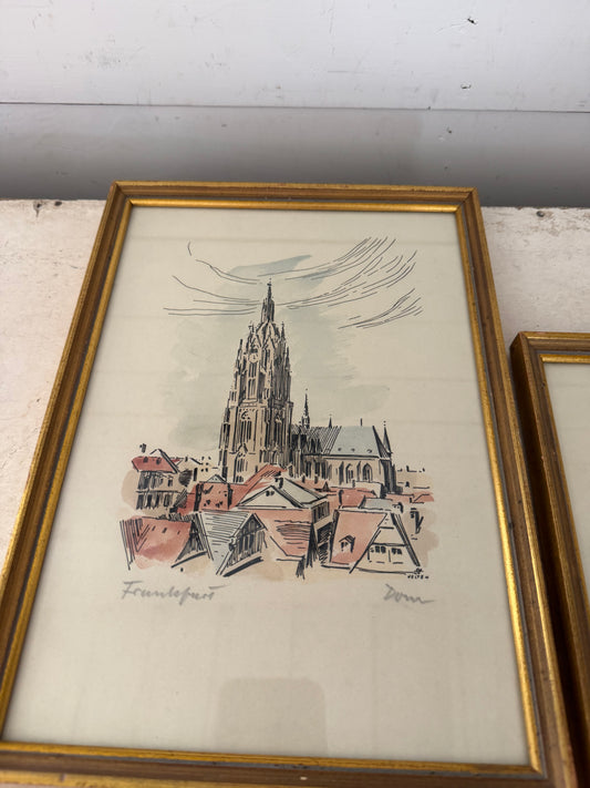 Vintage colored etchings depicting scenes from Frankfurt, Germany, featuring the Dom (Cathedral)