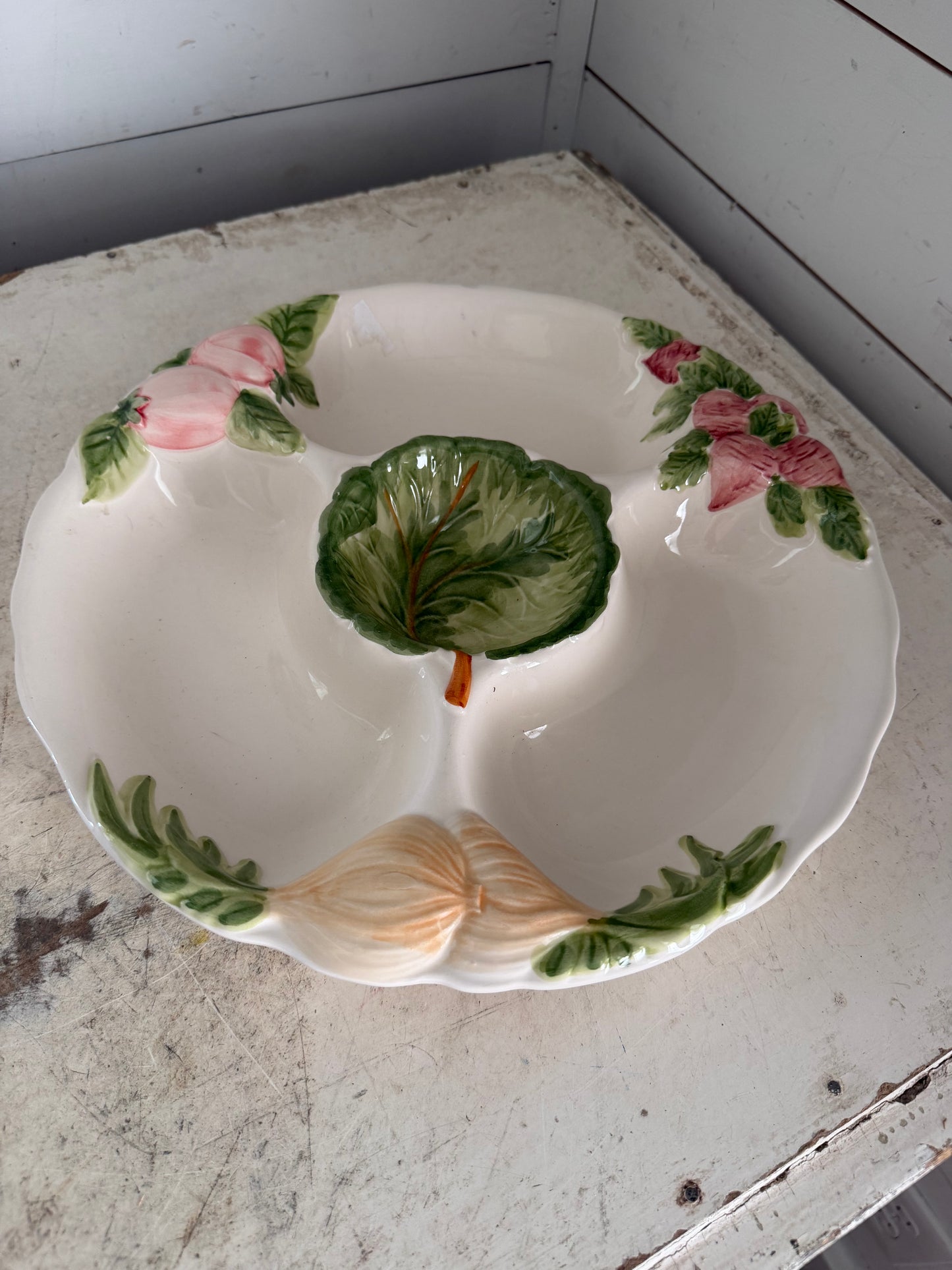 Vintage Majolica Style Salad Dish: Hand-Painted Ceramic Serving Plate with Chip