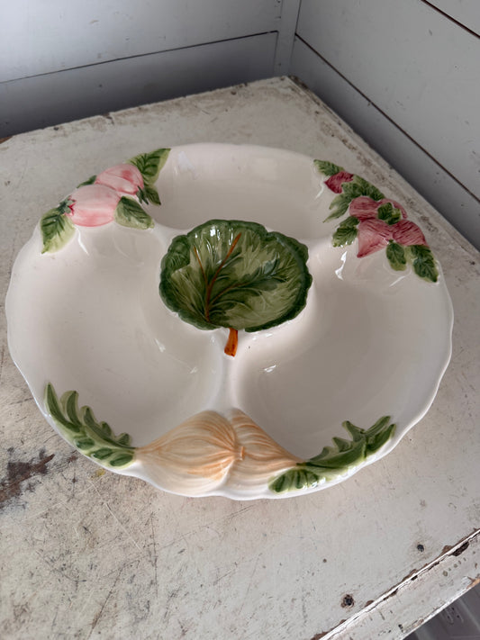 Vintage Majolica Style Salad Dish: Hand-Painted Ceramic Serving Plate with Chip