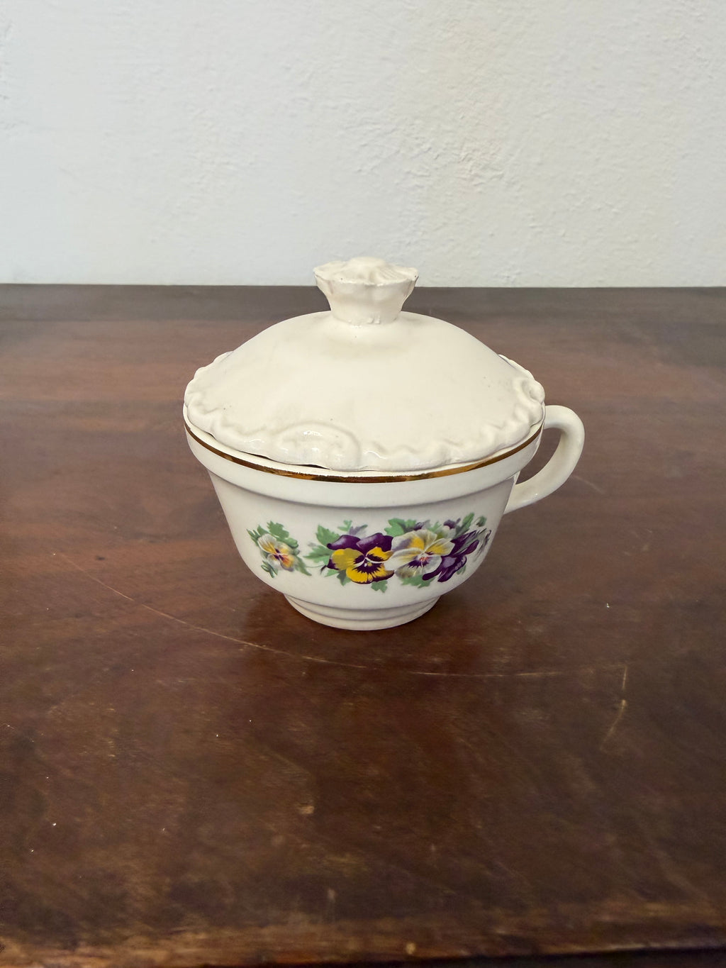 Purple Pansy teacup with mismatched Lid