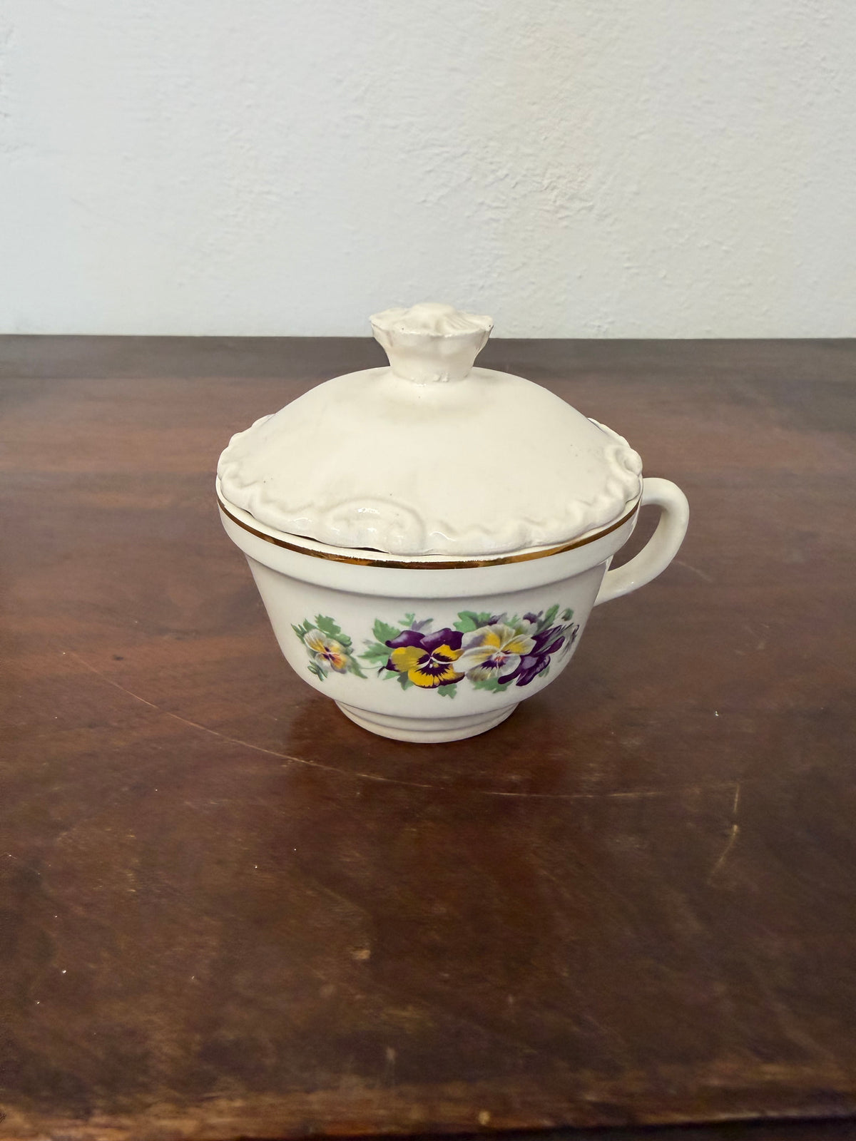 Purple Pansy teacup with mismatched Lid