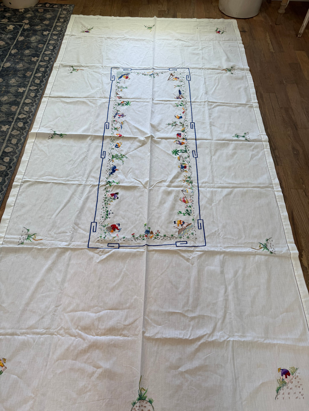 Antique Oriental Country‎ Lifestyle Hand Embroidered Tablecloth 95” X 53” Mint
