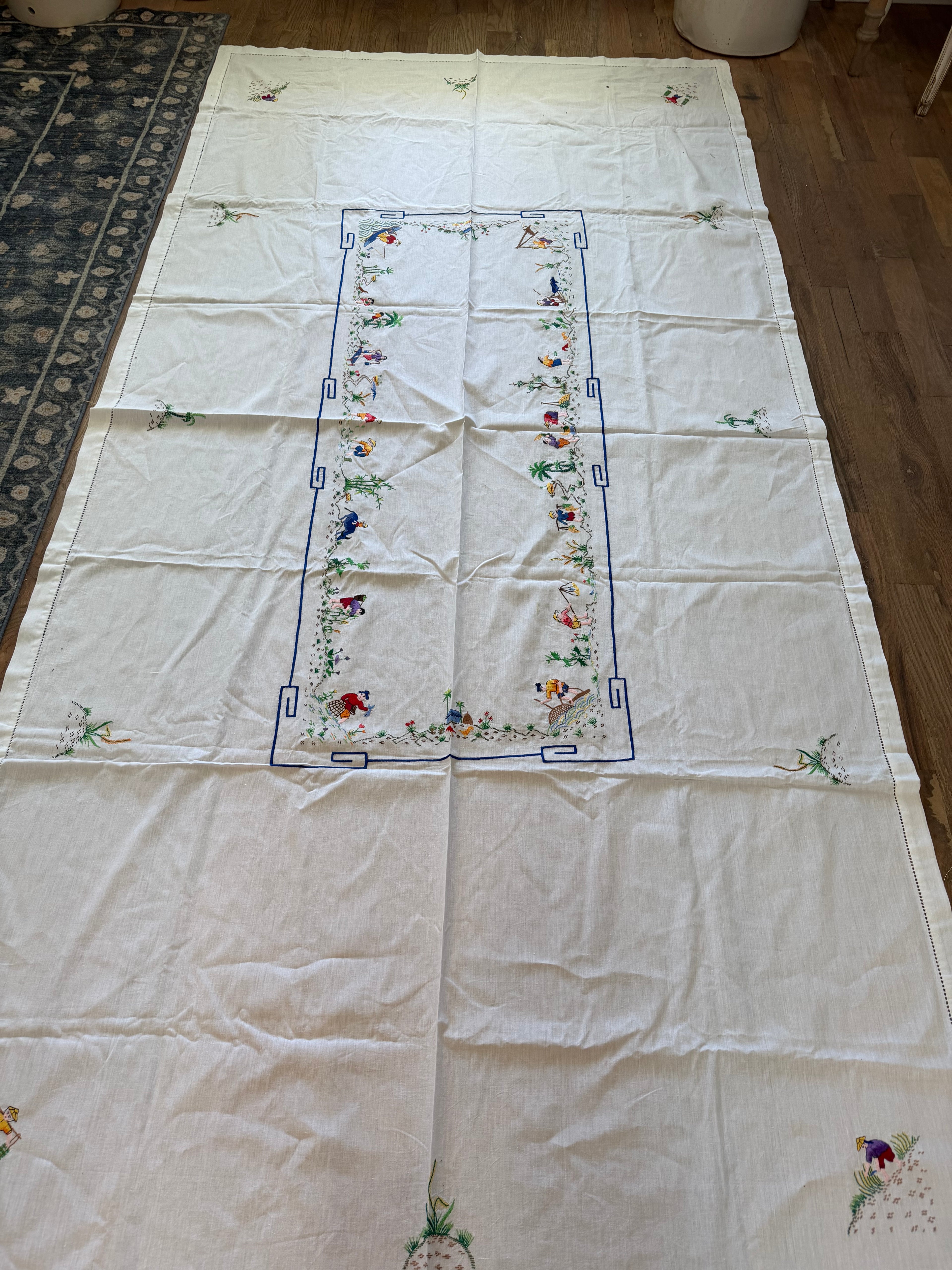 Antique Oriental Country‎ Lifestyle Hand Embroidered Tablecloth 95” X 53” Mint