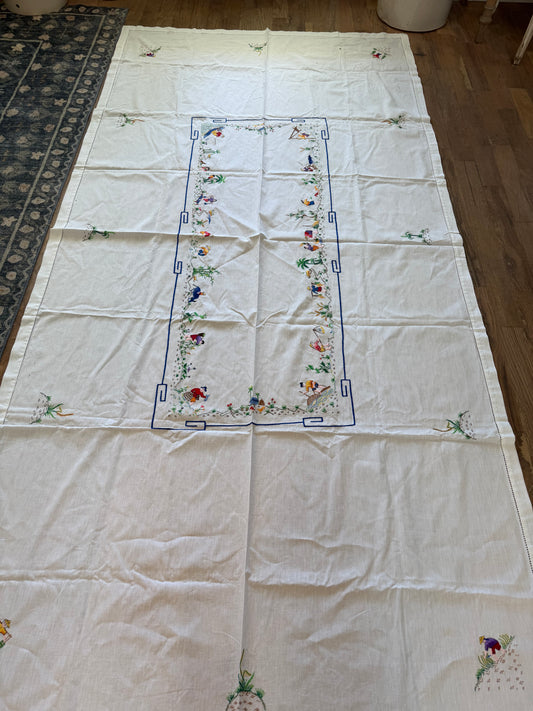 Antique Oriental Country‎ Lifestyle Hand Embroidered Tablecloth 95” X 53” Mint
