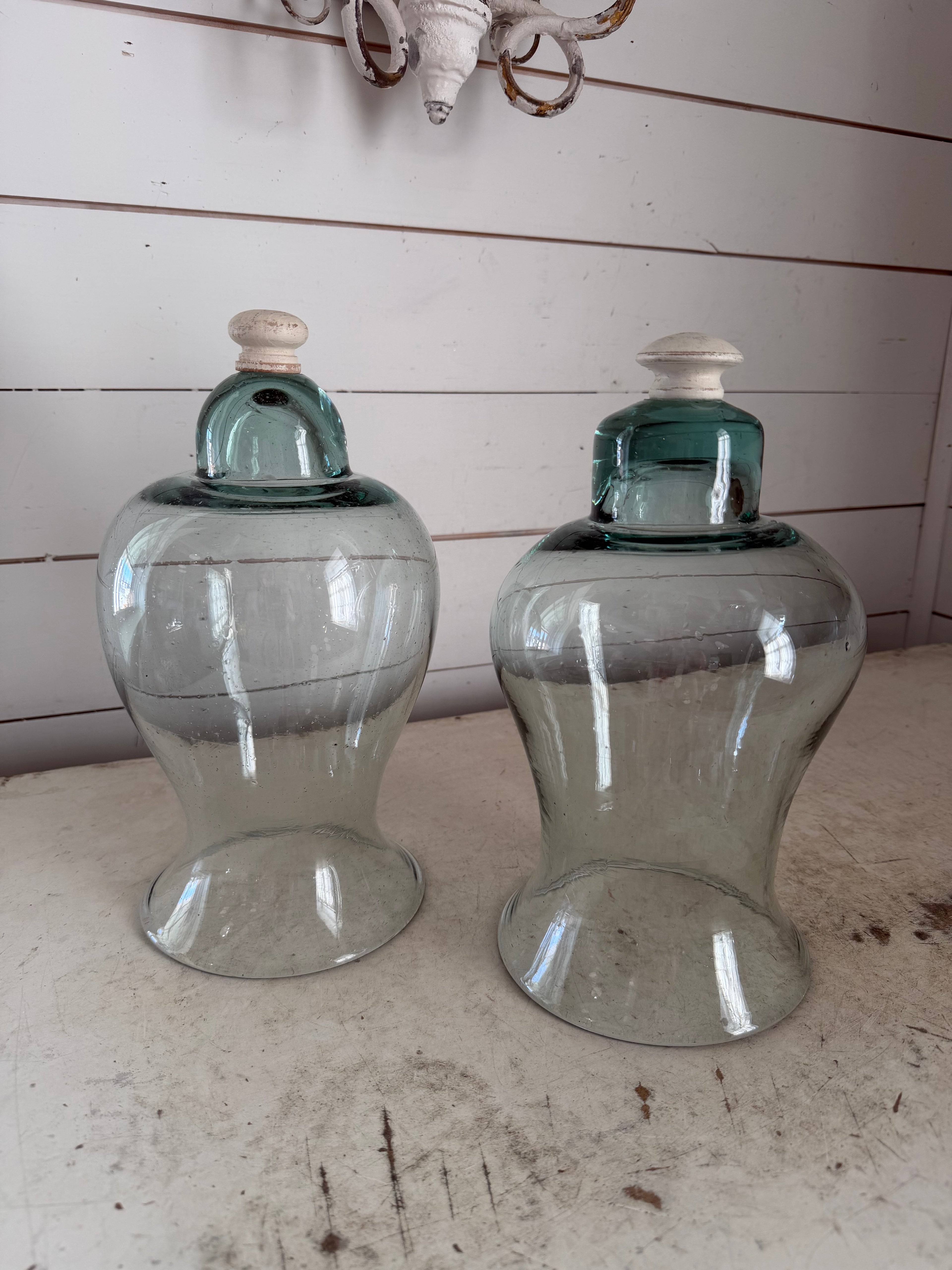 Vintage green glass cloche with wood knob sold individually