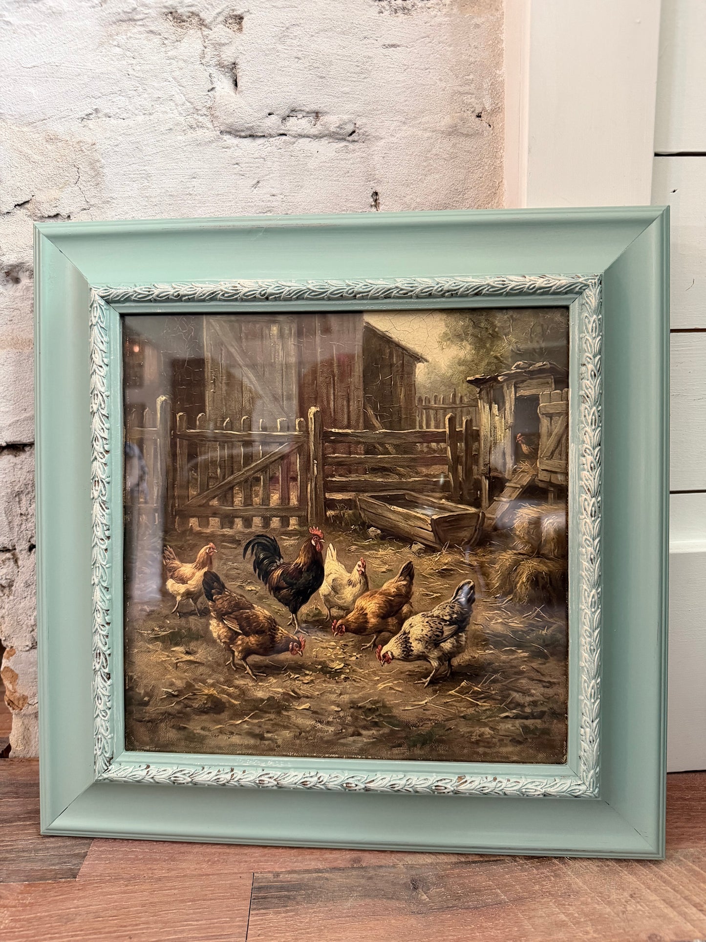 Chicken Print in painted Square frame 17”