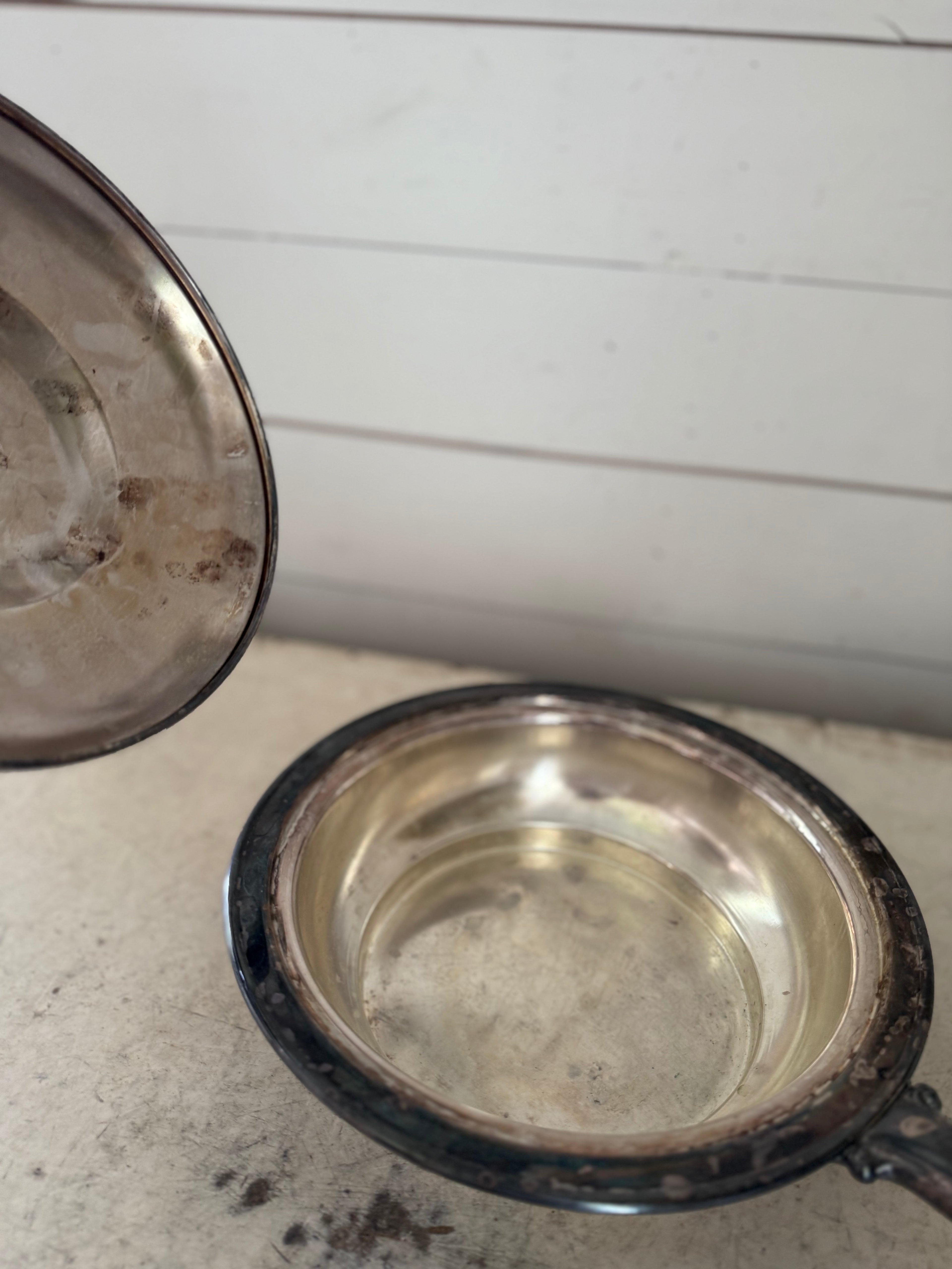 Vintage Silver Plate Round Chafing Dish Wood Handle