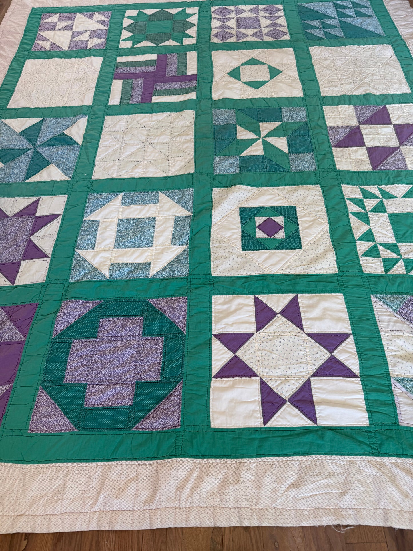 Vintage Purple and Green Hand Pieced Queen Quilt - as is has imperfections