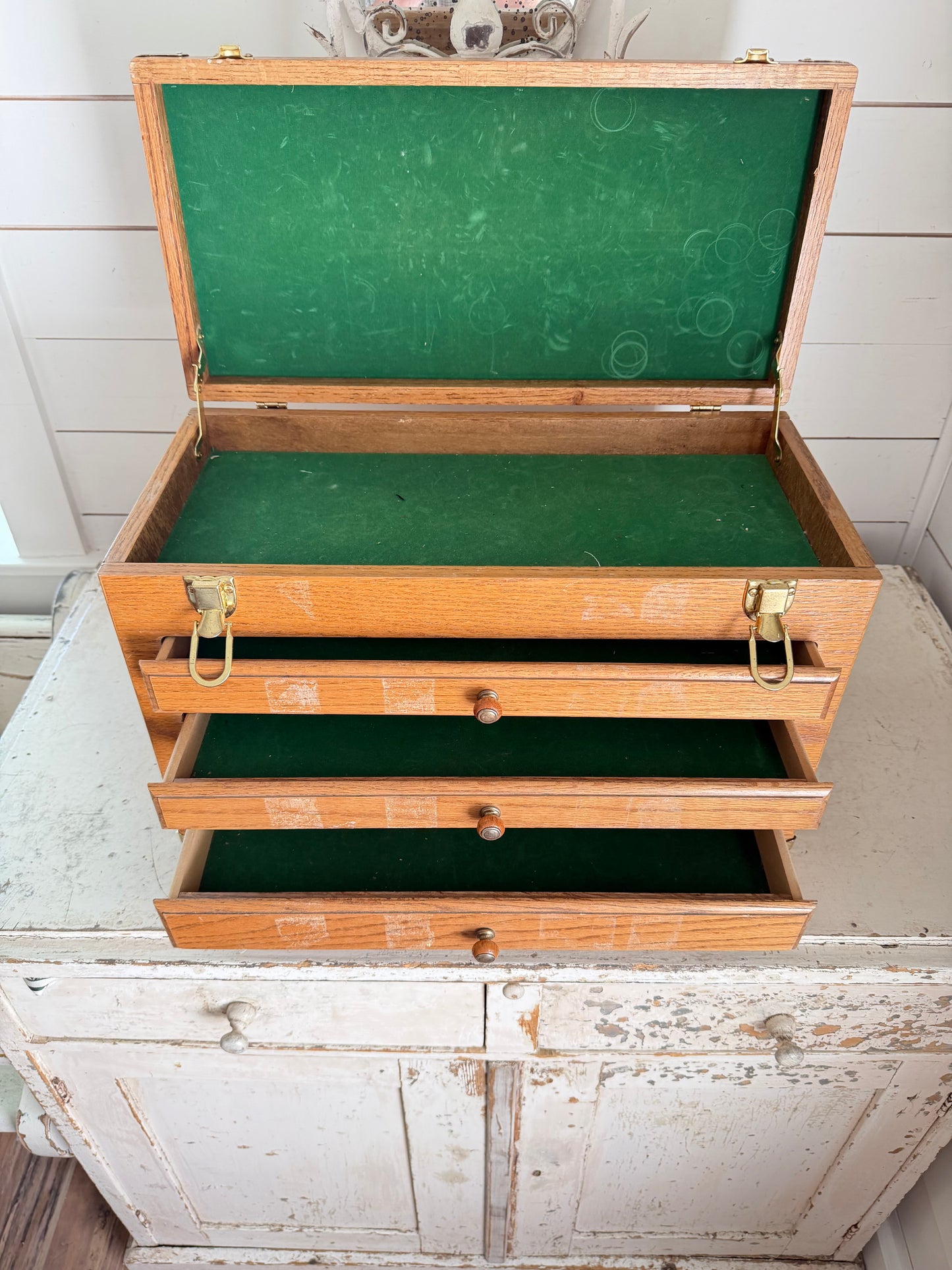 Wooden Oak Sewing Notions Chest - Will Get Makeover - drawers are empty