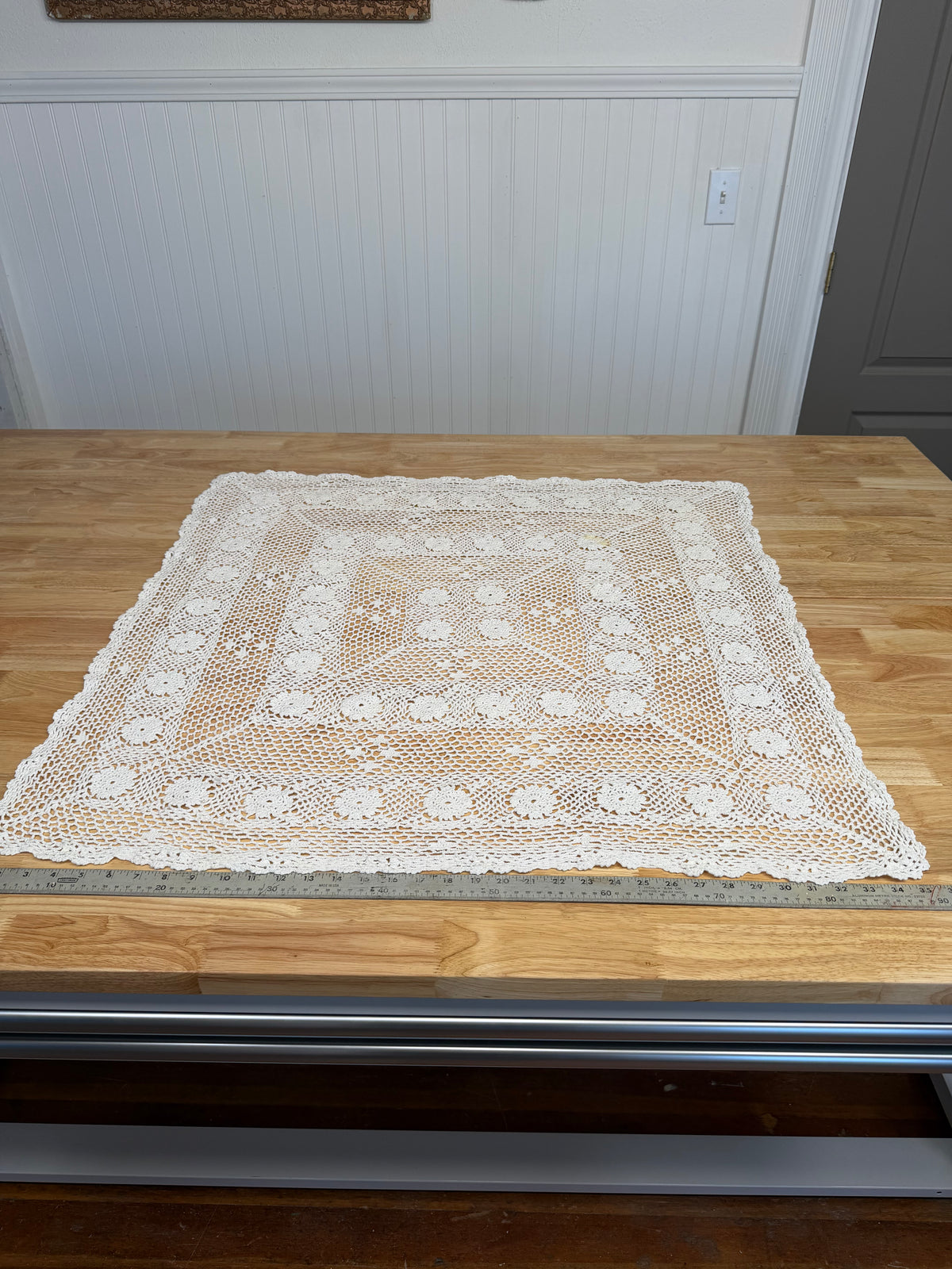 Vintage Crochet Square Off White Tablecloth - 36” X 36”