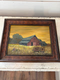 Vintage Oil Painting of a Barn With a Hay Rake in the Foreground