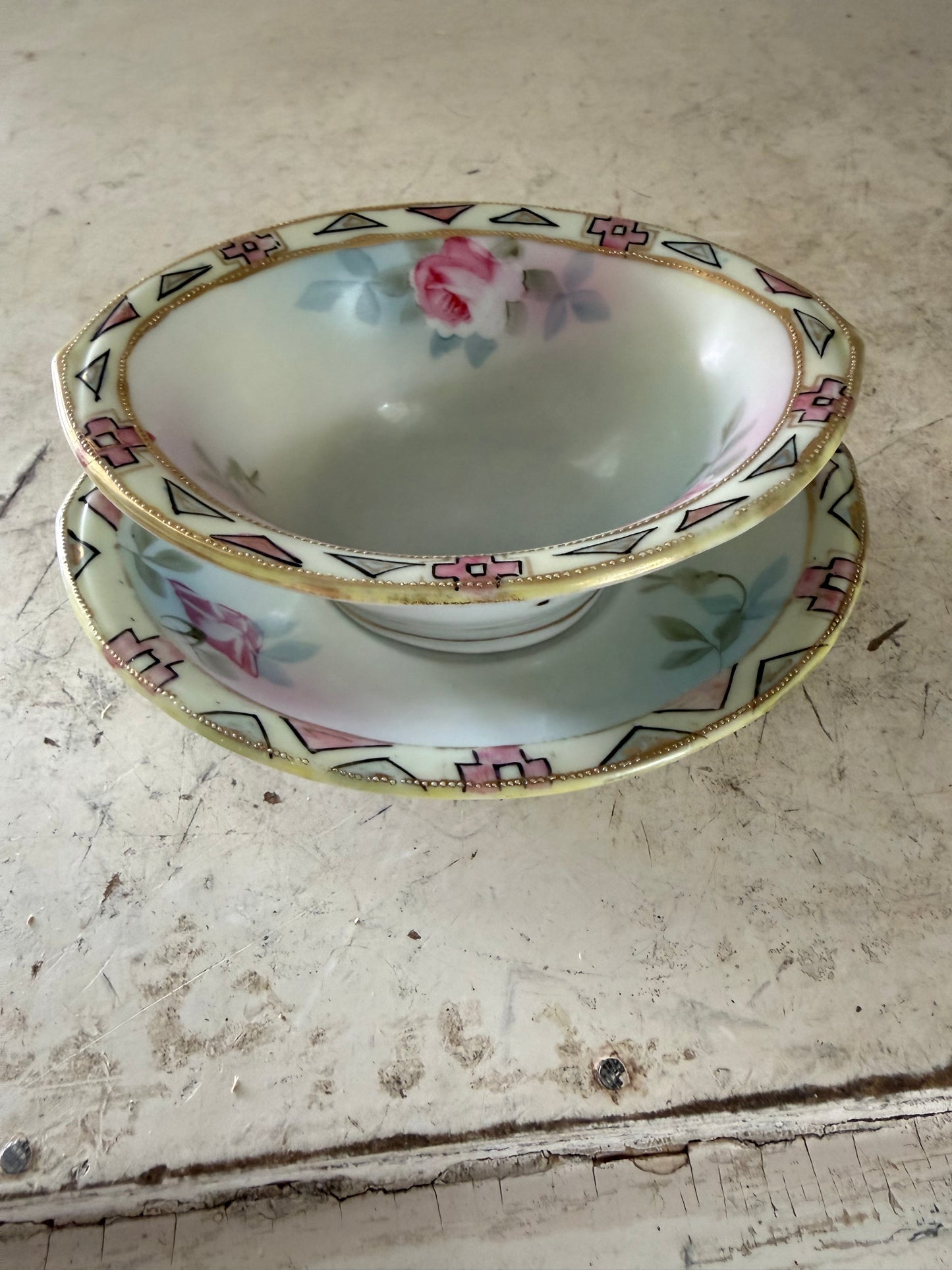 Vintage Nippon porcelain hand-painted dish set with pink rose and geometric