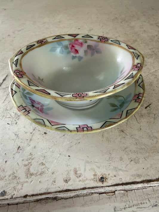 Vintage Nippon porcelain hand-painted dish set with pink rose and geometric