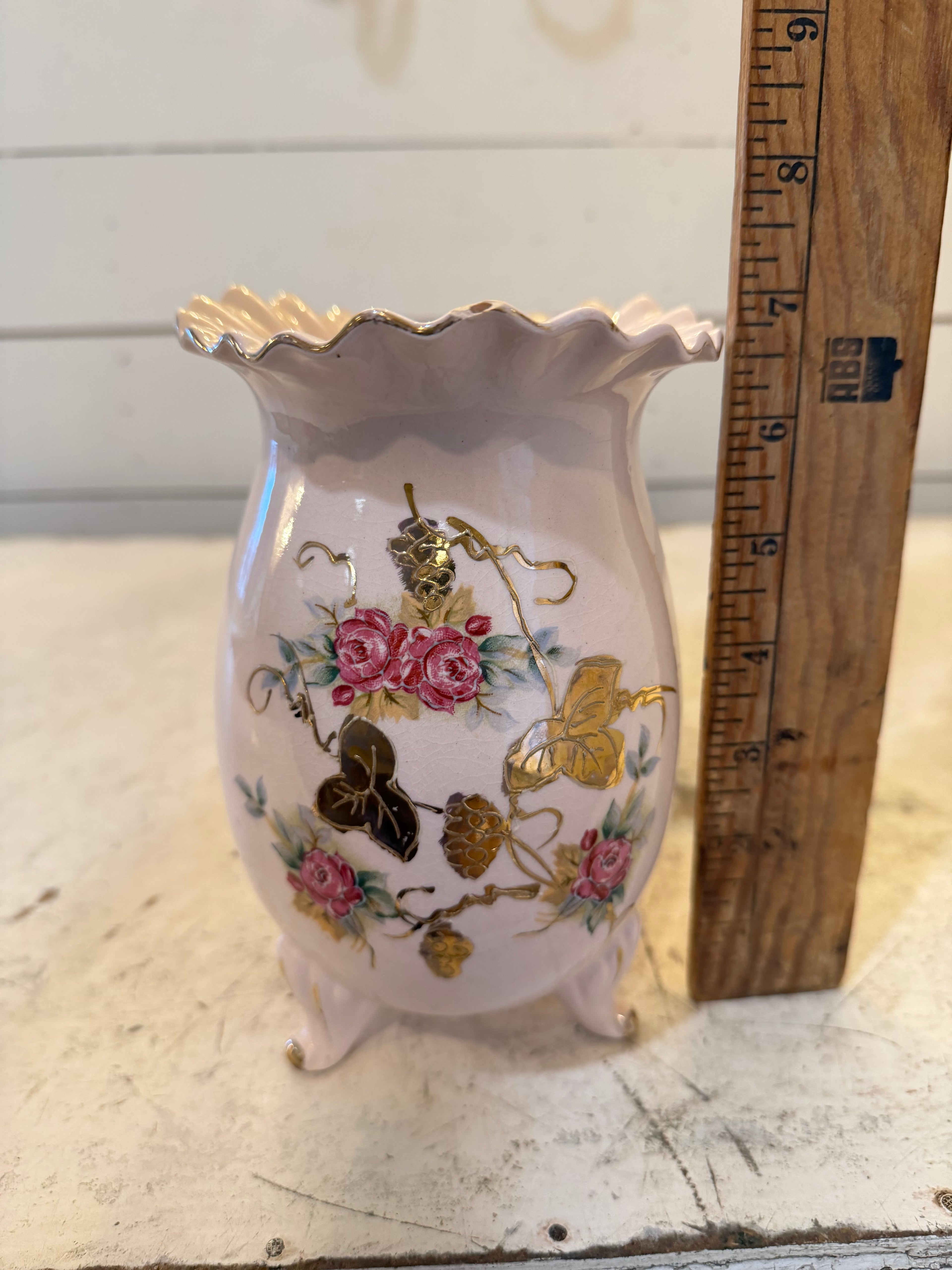 Vintage Floral Vase With Pink and gold accents