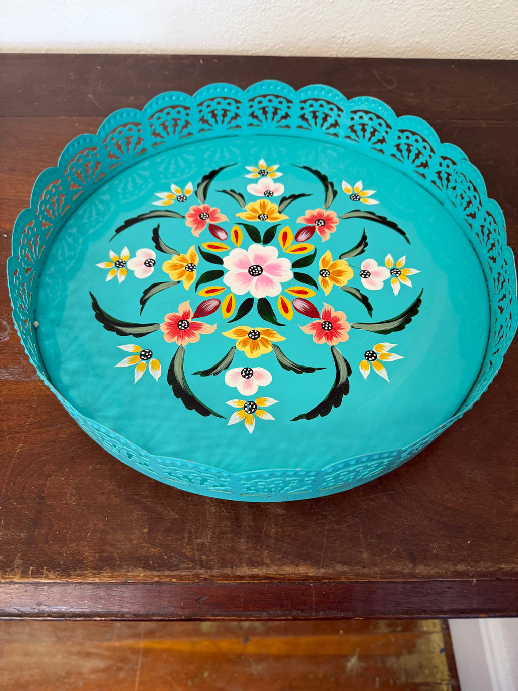 Turquoise  hand-painted floral metal tray